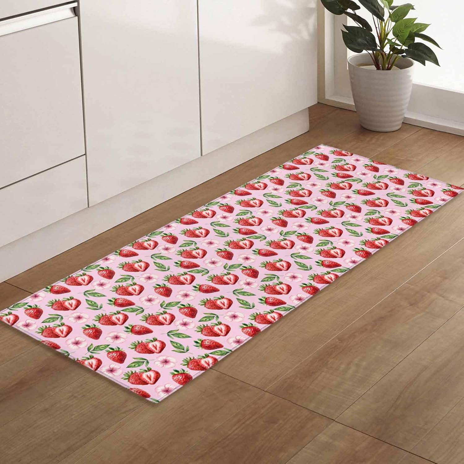 2 Pieces Kitchen Rugs and Mats,Summer Strawberry Leaf Flower Area Runner Rug Set Non Slip Floor Doormat Washable Carpet Standing Mat for Kitchen Sink Indoor Corridor,Watercolor Seamless Pink Theme