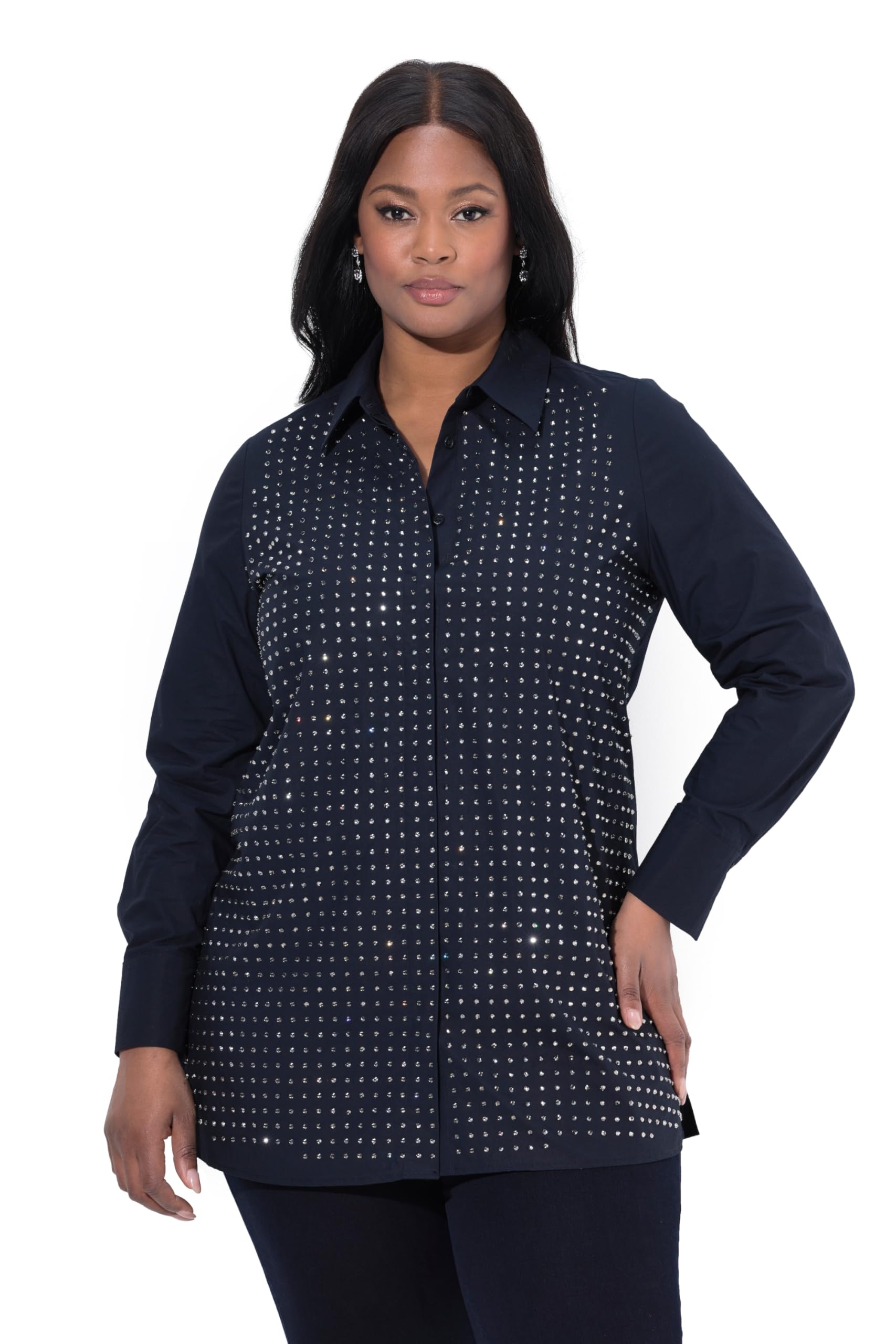 Ulla Popken Damen große Größen Übergrößen Plus Size Bluse, Ziersteine, A-Linie, Hemdkragen, Langarm 842264