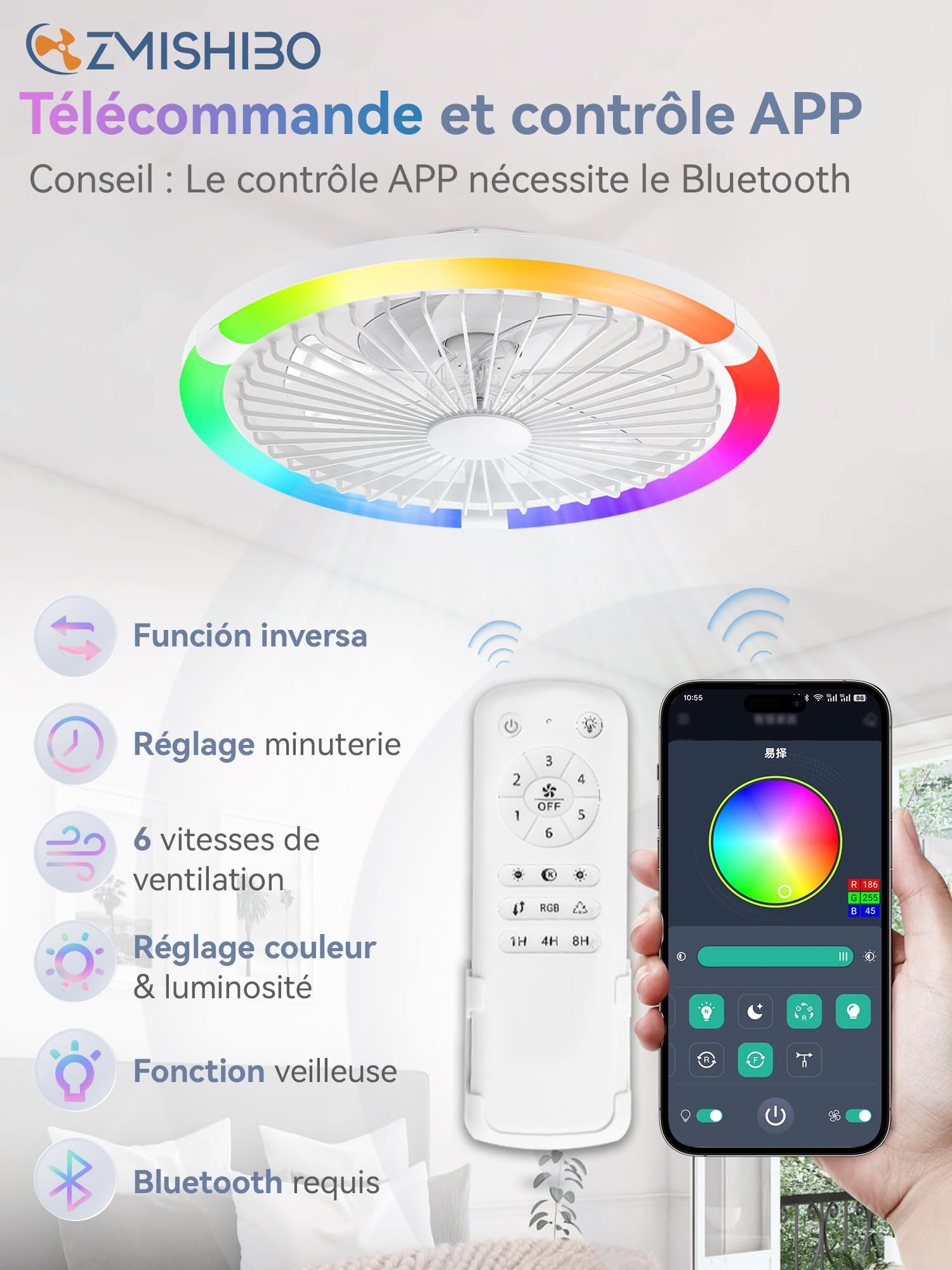 ZMISHIBO 50W Ventilateur de Plafond avec Lumière Ø50cm, 3 Couleurs, 6 Vitesses, Télécommande & Application, Mémoire, Luminosité Réglable 10-100%, Assemblage Requis (RGB)