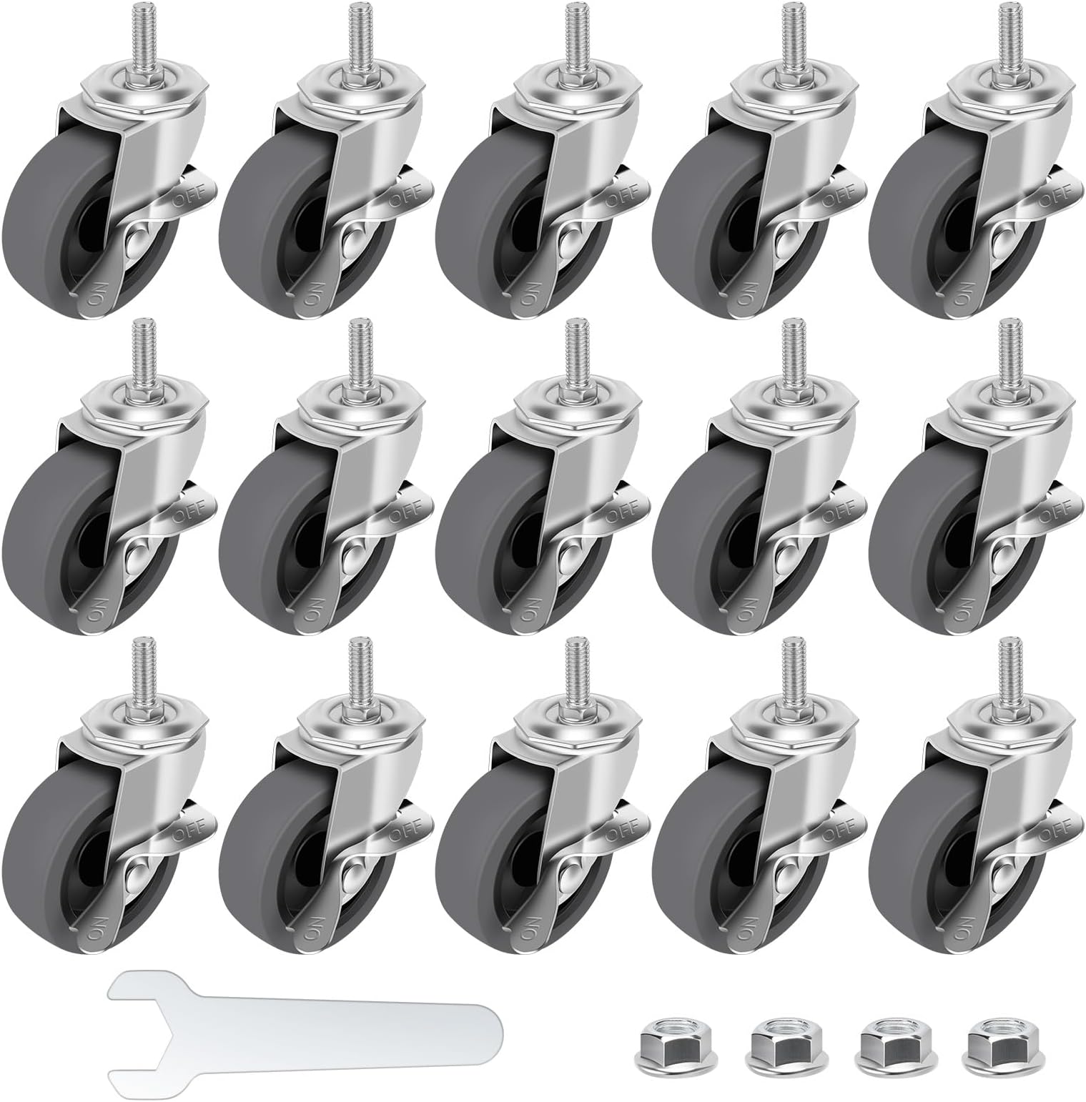 Caster Wheels, 3" Locking Swivel Stem Casters Set with Brake of 16, 3/8"-16 x 1 (Screw Diameter 3/8", Length 1") Rubber Casters with 360 Degree No Noise Wheels