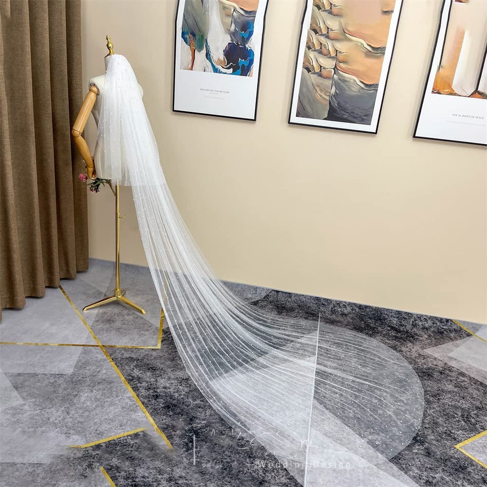 Ślub Welon slubny z grzebieniem sztuczna perla dwuwarstwowy dlugi welon slubny o dlugosci katedralnej welon slubny dla narzeczonych (Color : Ivory, Size : 250cm)