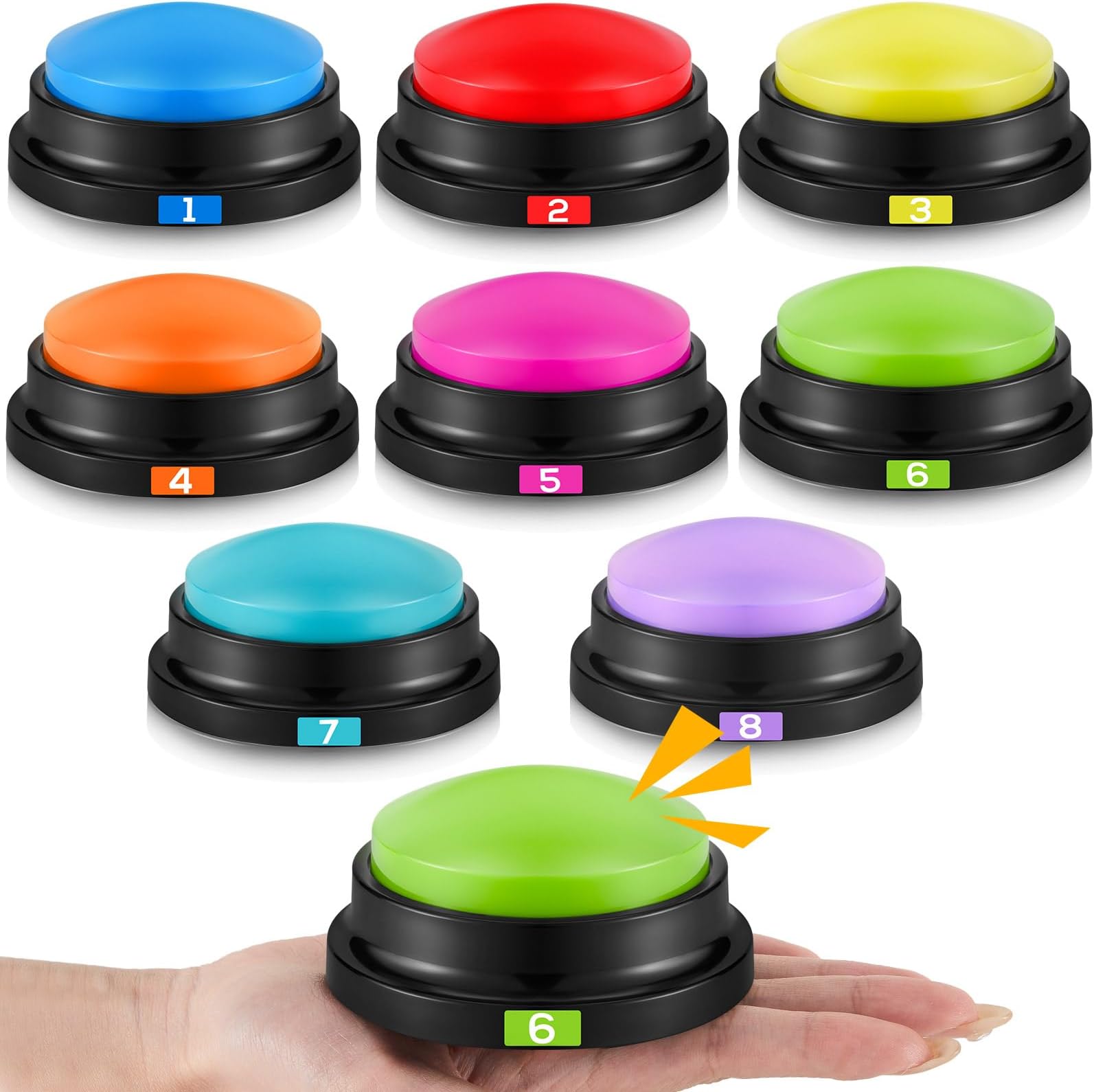 Xuhal 8 Pcs Recording Button Buzzers for Trivia Games with Number Recordable Answer Buzzers for Communication Pet Training Gift for Back to School Team Family Game and Trivia Nights, 8 Colors