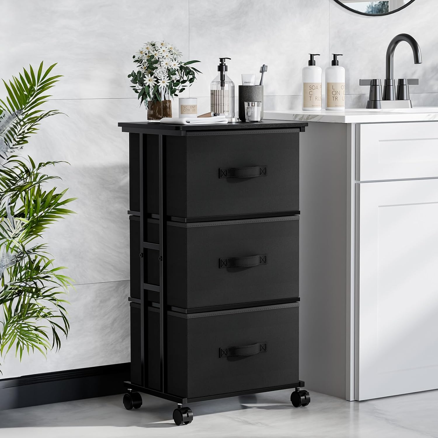 OLIXIS 3 Drawer Fabric Dresser with Wheels, Storage Cabinet Organizer with Removable Drawers, Rolling Chest with Steel Frame for Bedroom, Closet, Living Room, Entryway, Black