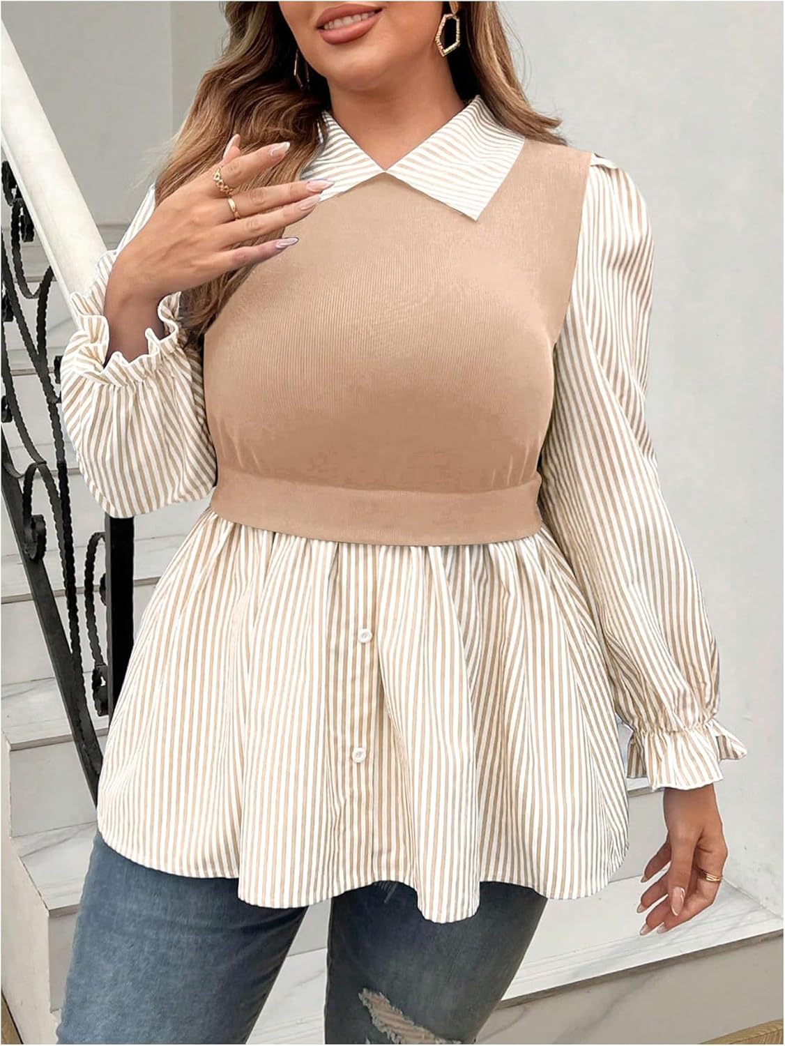 GORGLITTER Women's Plus Size Tops Casual Peplum Baby Doll Long Sleeve Tops Button Down Striped 2 in 1 Collared Tops - Image 4