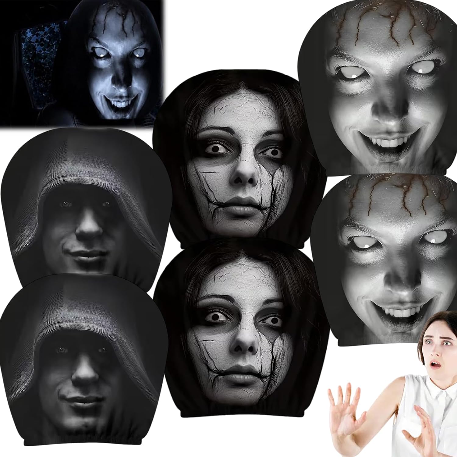 2026 New 4/6/8 Pcs Halloween Ghost Face Headrest Covers for Cars,Scary&Creepy Car Headrest Covers,High-Resilience Seamless Fit,Machine Washable,Instant Installation for All Cars,E