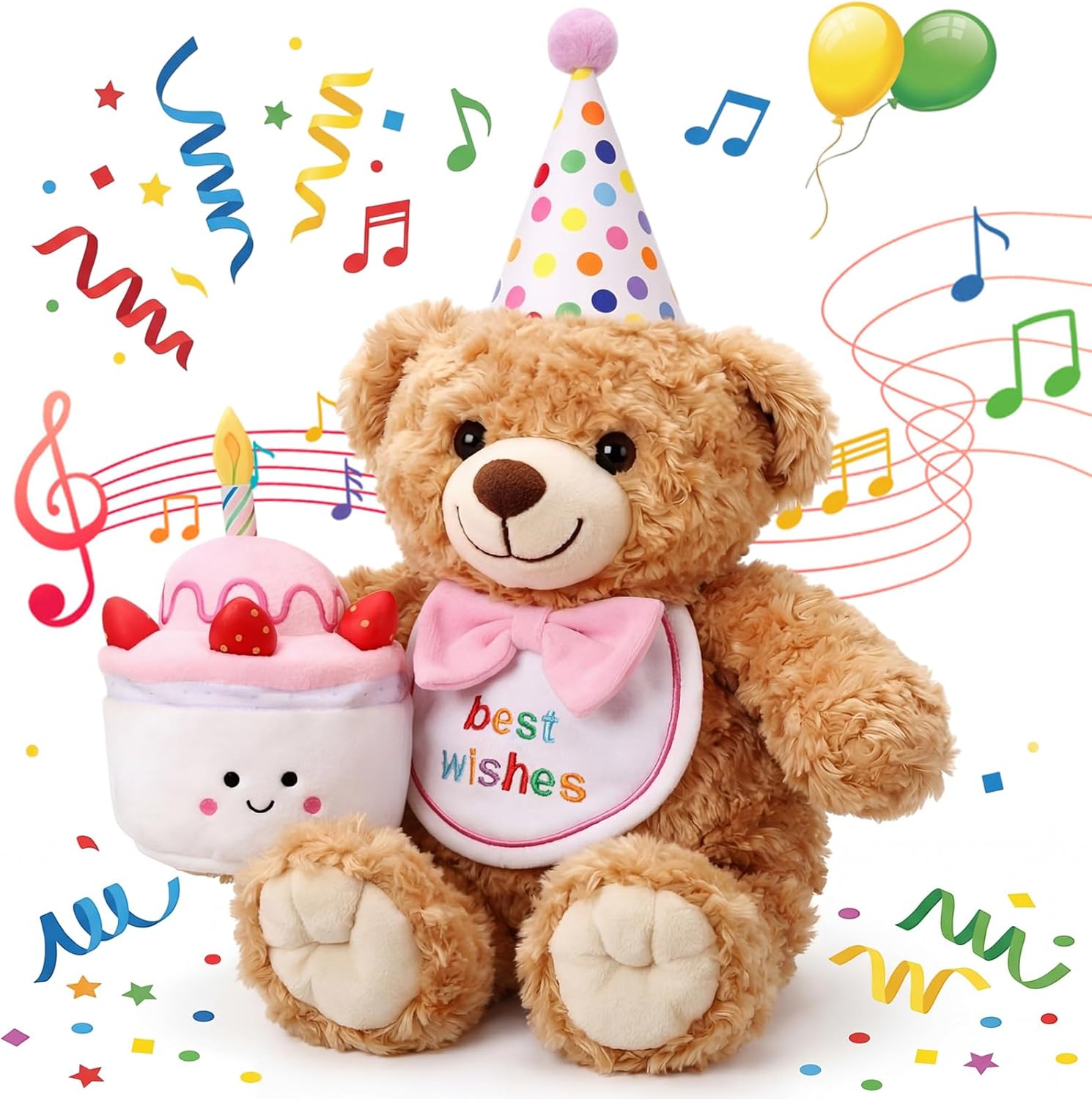Halloscume Birthday Teddy Bear with Voice Recorder and Cake 12 Inch Musical Stuffed Animal Bear Plush Toy Recording Interactive Animated Gift for Birthday