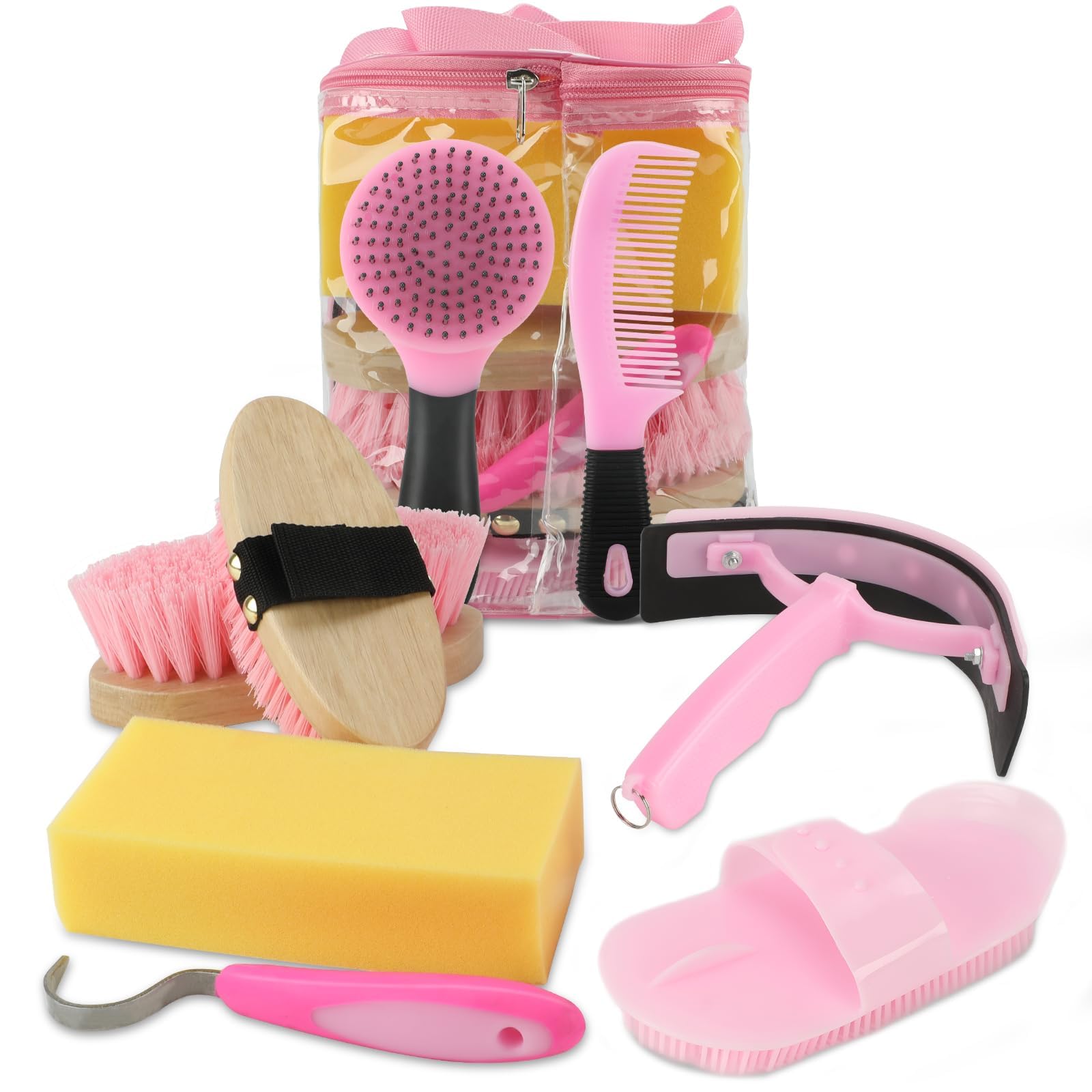 Kit de toilettage pour chevaux 9 pièces avec sac de transport, kit de nettoyage pour chevaux avec brosses souples et dures en bois, grattoir à sabot, crinière, grattoir à soudure, etc