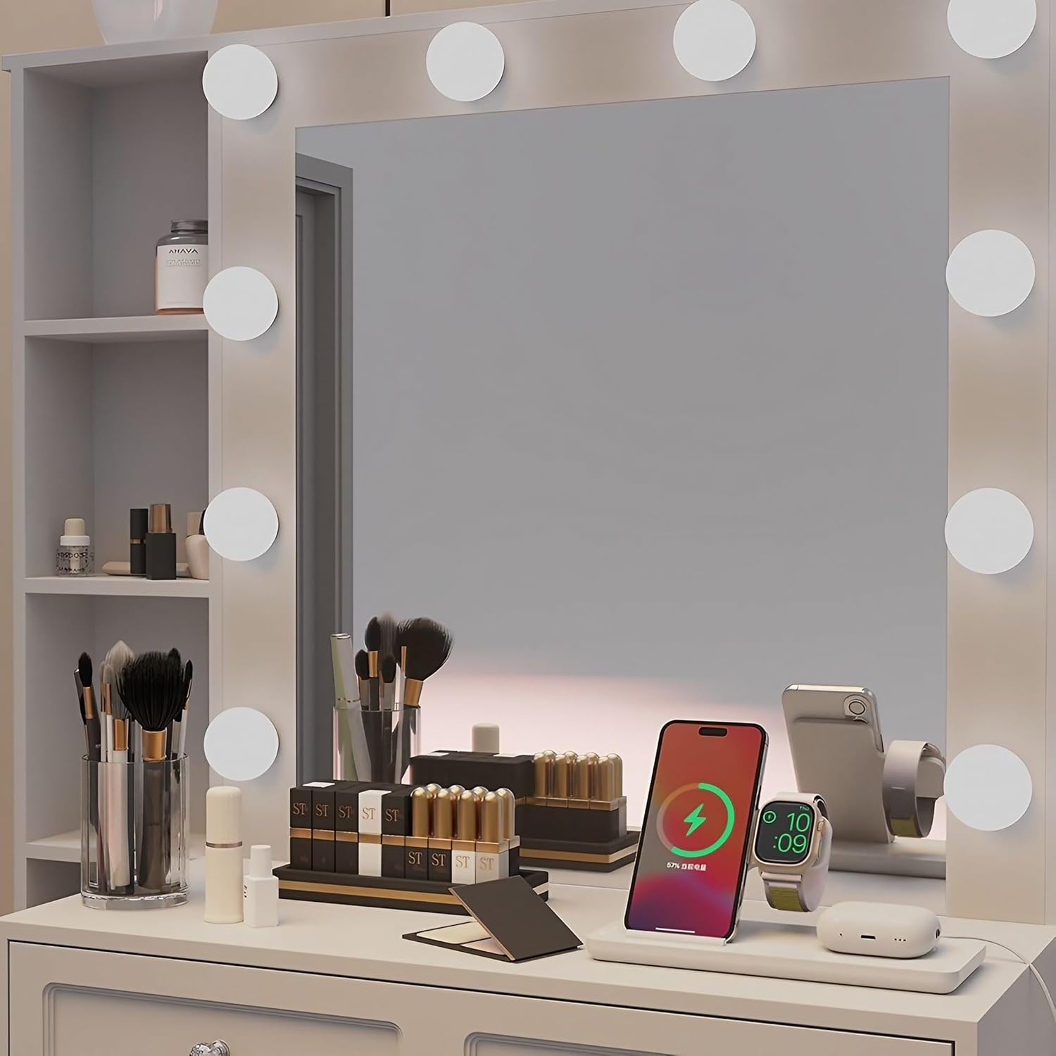 Vanity Desk with Mirror and Lights 2025, Super Practical White Makeup Vanity Table with Drawers, Large Vanity with Drawers, Makeup Table for Women and Girls (57" x 44")