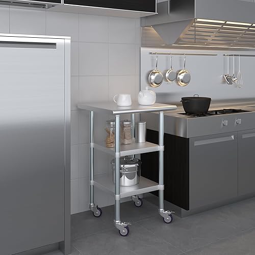 Miniatura 220 de AmGood Mesa de trabajo de acero inoxidable con 2 estantes y ruedas Mesa de trabajo de metal con ruedas