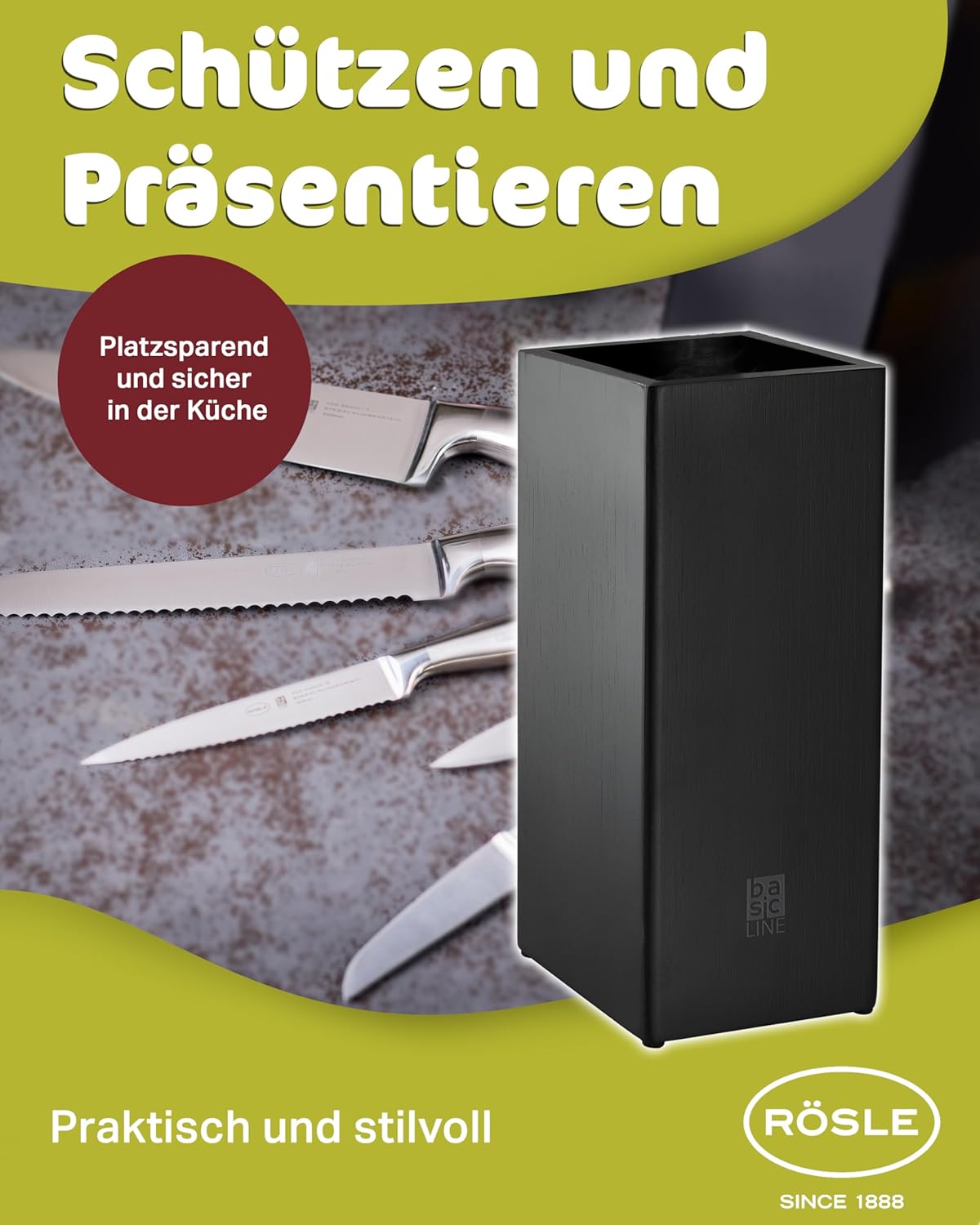 RÖSLE Ceppo portacoltelli da 6 pezzi della linea Basic, di alta qualità, in legno di bambù, con 5 coltelli filati, in acciaio speciale per lame e acciaio inox 18/10, manico ergonomico