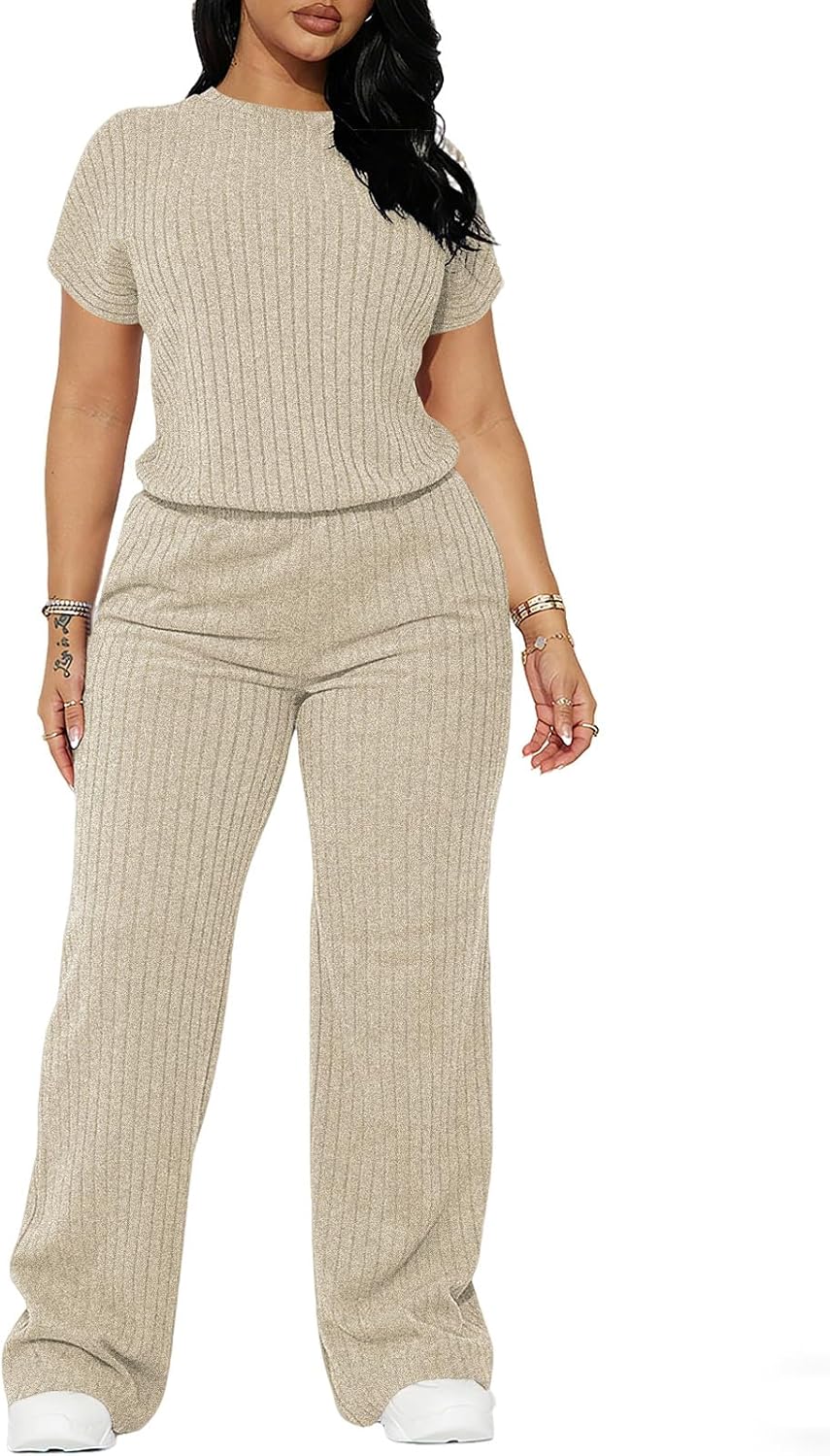 MOEENCN Women's 2 Piece Ribbed Knit Lounge Sets Short Sleeve Top and Wide Leg Pants Casual Summer Outfits for Vacation Travel