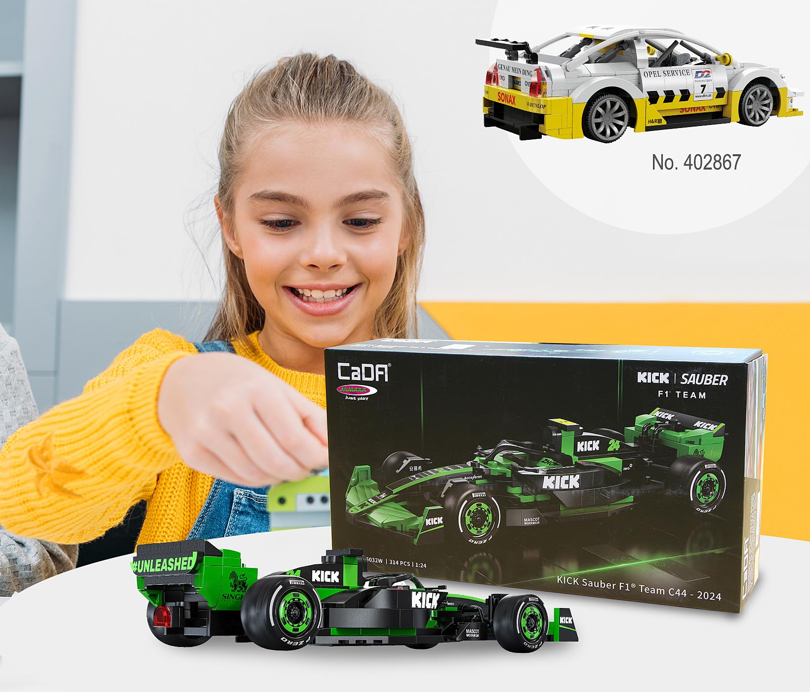 JAMARA 402861 Cada Kick Sauber F1 Team C44-2024 Bricks 1:24, Coche de Juguete, Coche Deportivo para niños a Partir de 8 años, Kit de Ladrillos de sujeción, Idea de Regalo para niños, Fiel a