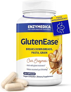 Enzymedica GlutenEase - مكمل غذائي لإنزيمات الجهاز الهضمي للنساء والرجال، يدعم حساسية الجلوتين والكازين، إنزيمات للهضم وصحة الأمعاء، يساعد على التخلص من الغازات والانتفاخ - 120 كبسولة