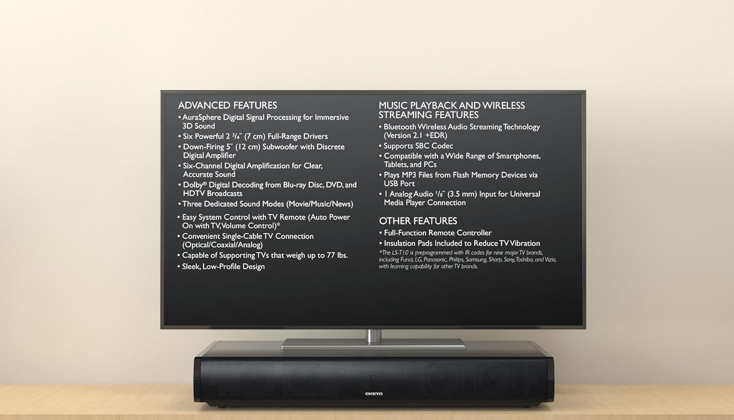 Onkyo LS-T10 6.1-Channel 3D Surround Base System placed under a television, highlighting its advanced features and connectivity options.