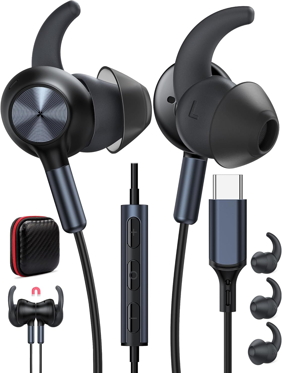 TOPAUX USB Type C Headphone 5FT Wired Earbuds Anti-Loose Wingtip Noise Canceling in-Ear Earphone with Mic for iPhone 17 Pro Max 16e 16 15 Plus School Corded Headset for Pixel 10 9 9a 8 7