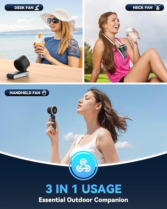 PlayHot Portable Handheld Turbo Fan, 5 Gear Wind, USB-C Rechargeable Fan, Up to 12 Working Hours, 3 IN 1 Hand Fans with Air Turbo Tech Cooling Fan for Outdoor Activities, Travel, Beach (Black)