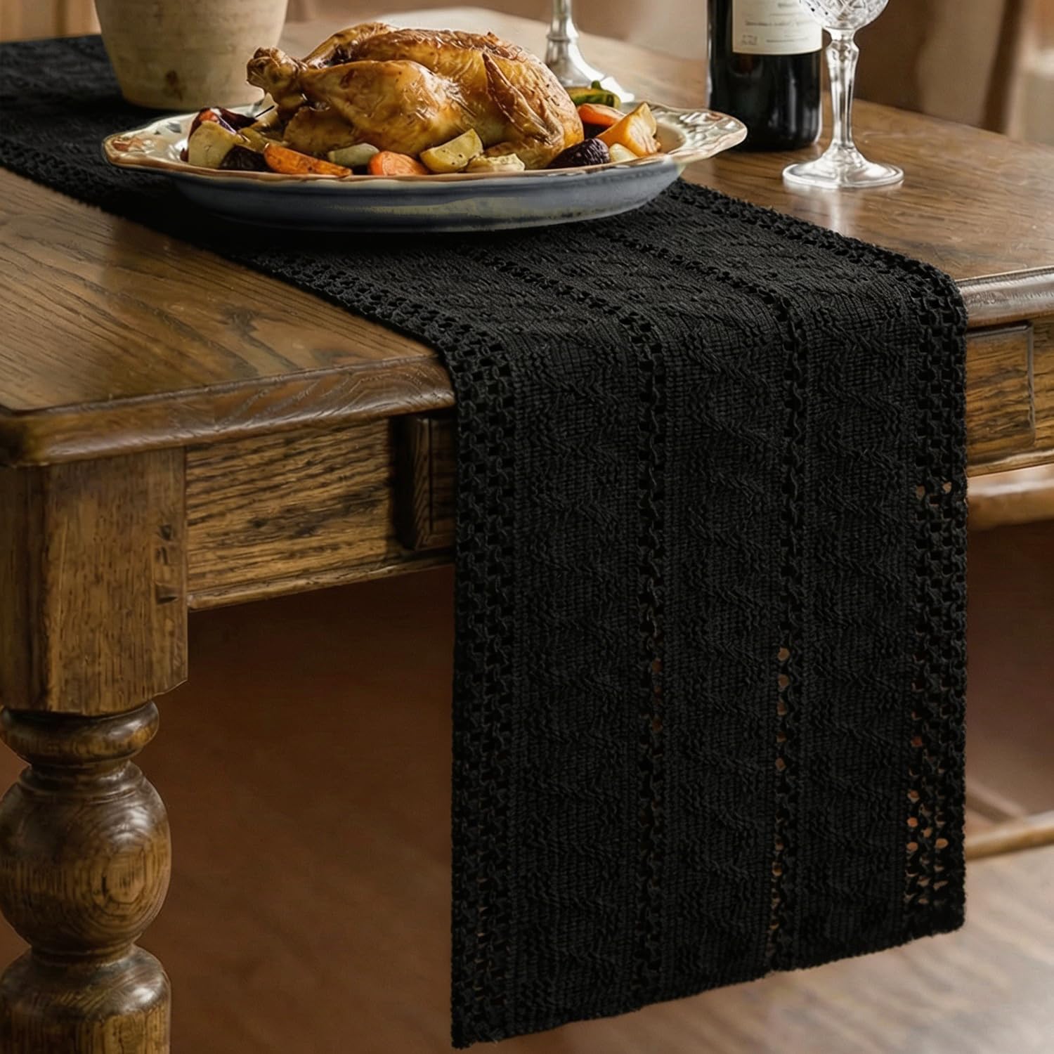 HIVTE Woven Cotton Linen Table Runner 30x91 cm, Black Bohemian Rustic Farmhouse for Kitchen Dining Decor