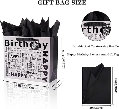 Miniatura 2 de JWSCYSY Bolsa de regalo extra grande de 16 pulgadas con papel de seda y tarjeta, bolsa de regalo de feliz cumpleaños para hombres y mujeres, 16 x