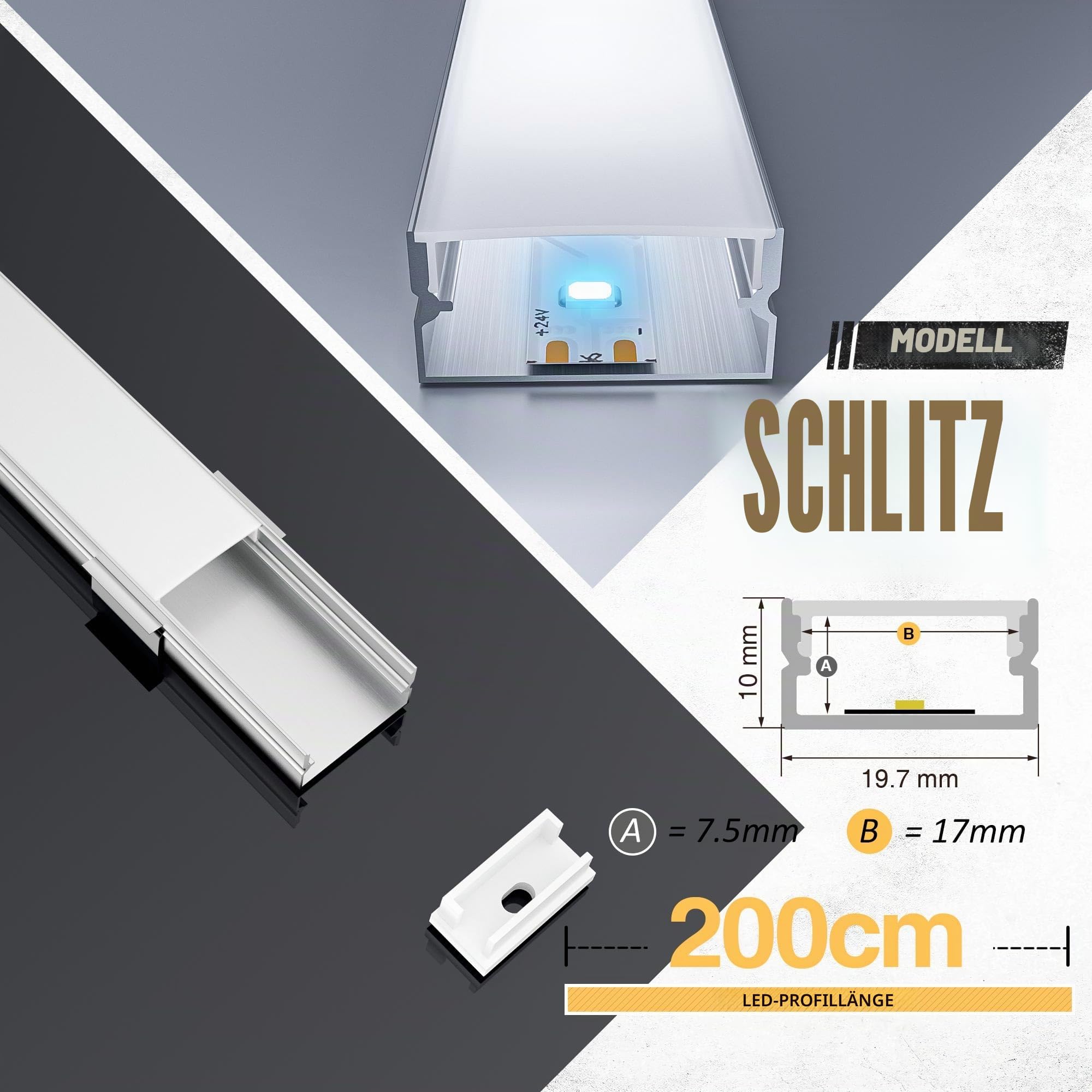 LED Profil 2m, Aluminium Profil für Streifen bis 17mm, Schiene mit Milchiger Abdeckung, Kanal Komplettset mit Endkappen, Clips und Schrauben, Größe 19.3×9.8mm (10 * 2M(Totale 20M))