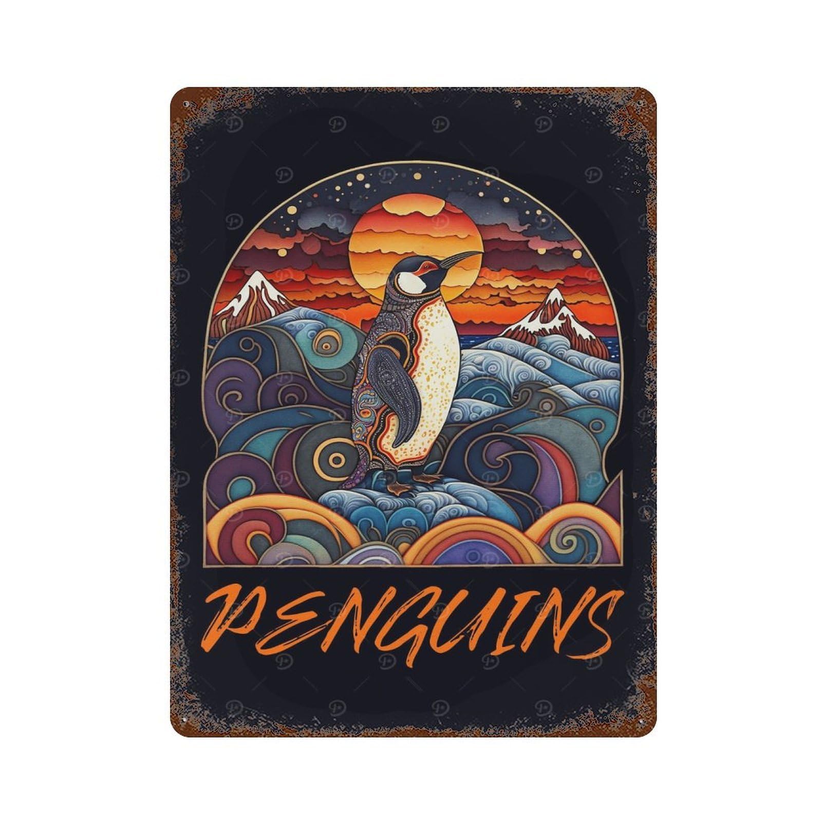 Penguins Rustic Tin Plaque 15.7"x11.8", for Living Room, Hallway And Home Decor, Decorative Metal Wall Art