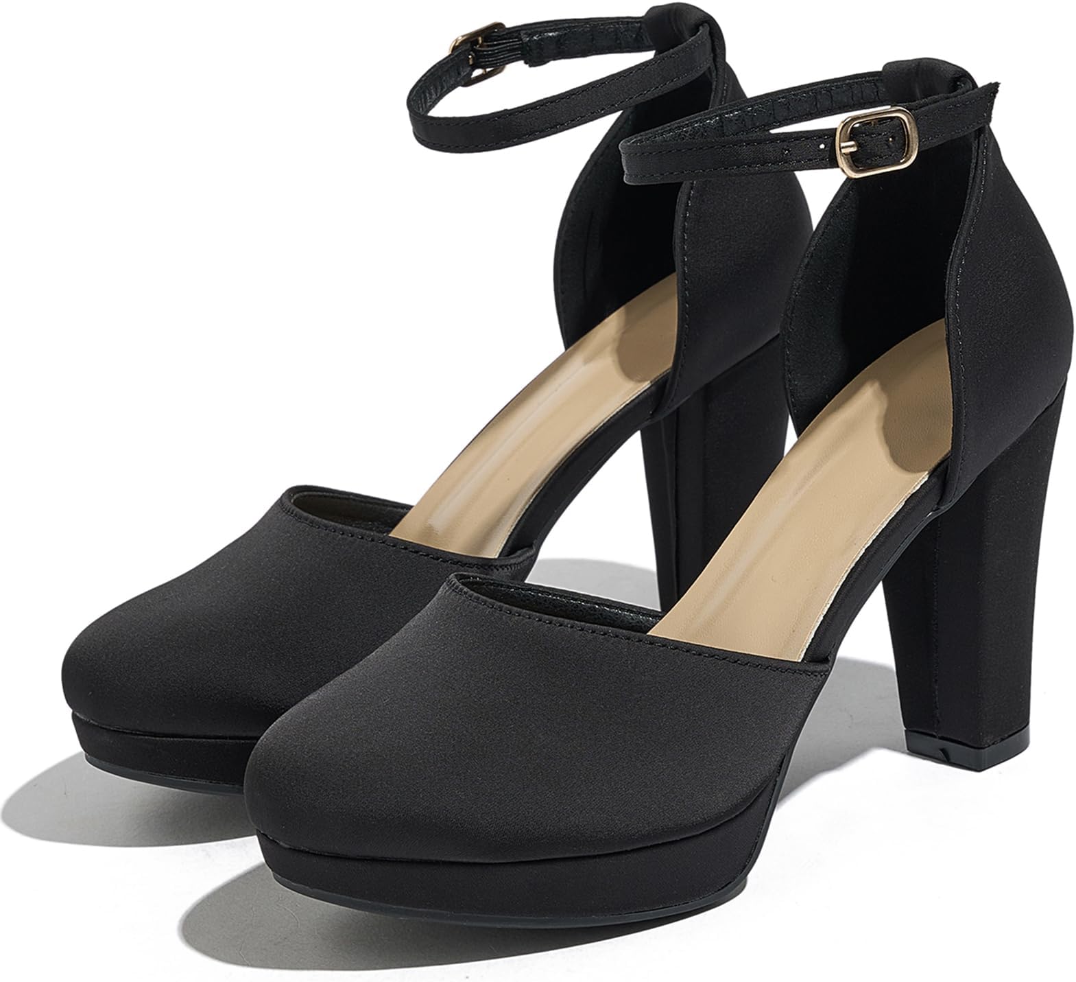 Women's High Block Heels Pumps Round Closed Toe Ankle Strap Dress Wedding Shoes