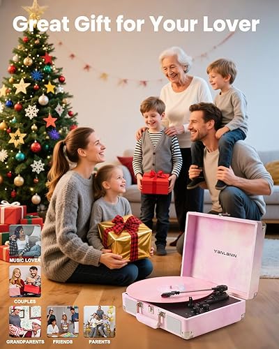 Miniatura 5 de Tocadiscos de vinilo de acuarela con control de agudos y graves, tocadiscos portátiles vintage de 3 velocidades con Bluetooth con altavoces