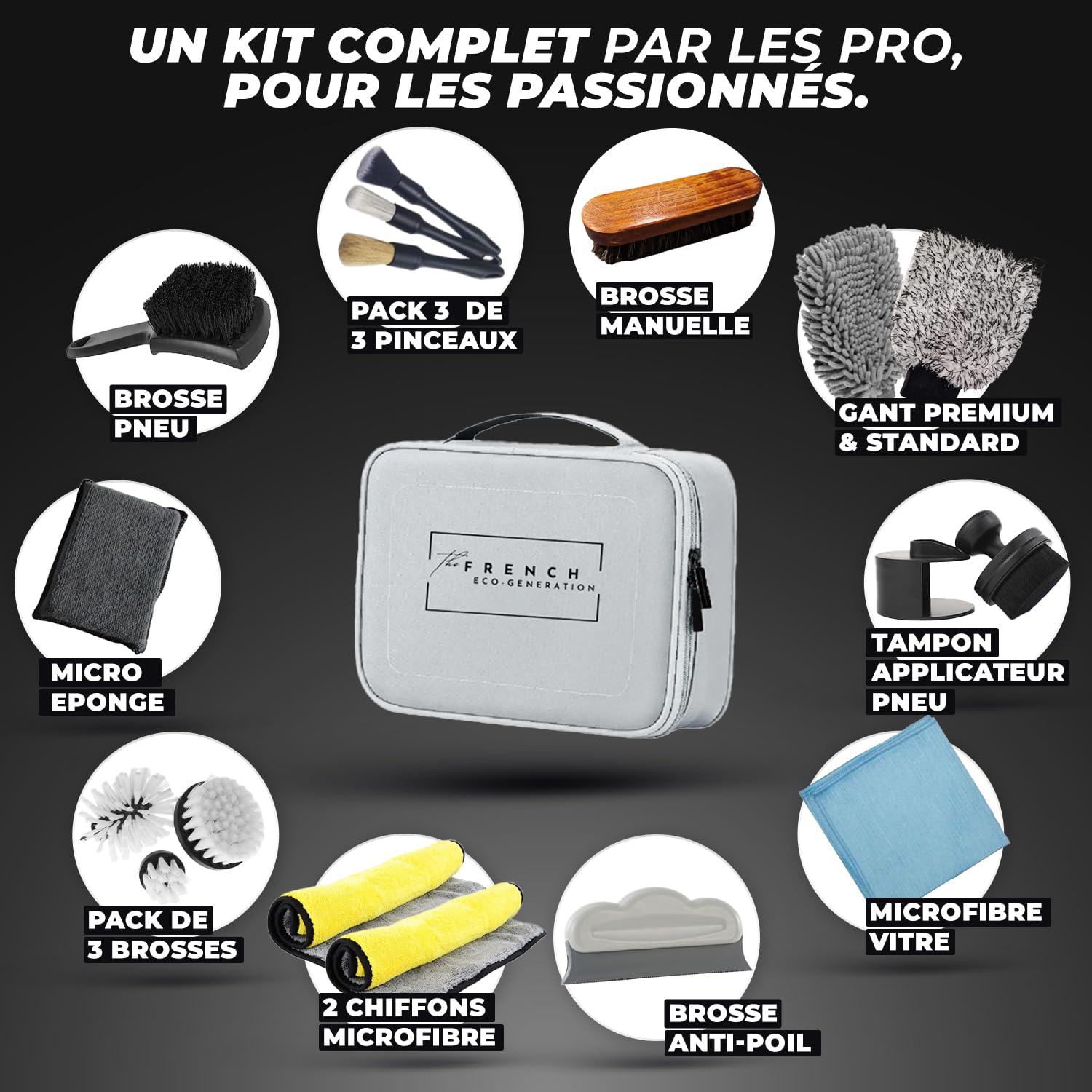 Kit Nettoyage Voiture 17 Pièces, Detailing Auto Professionnel | Gant Lavage, Brosse Jante, Microfibre, Pinceau, Tampon Applicateur, Sacoche de rangement incluse, Intérieur & Extérieur, Moto Compatible