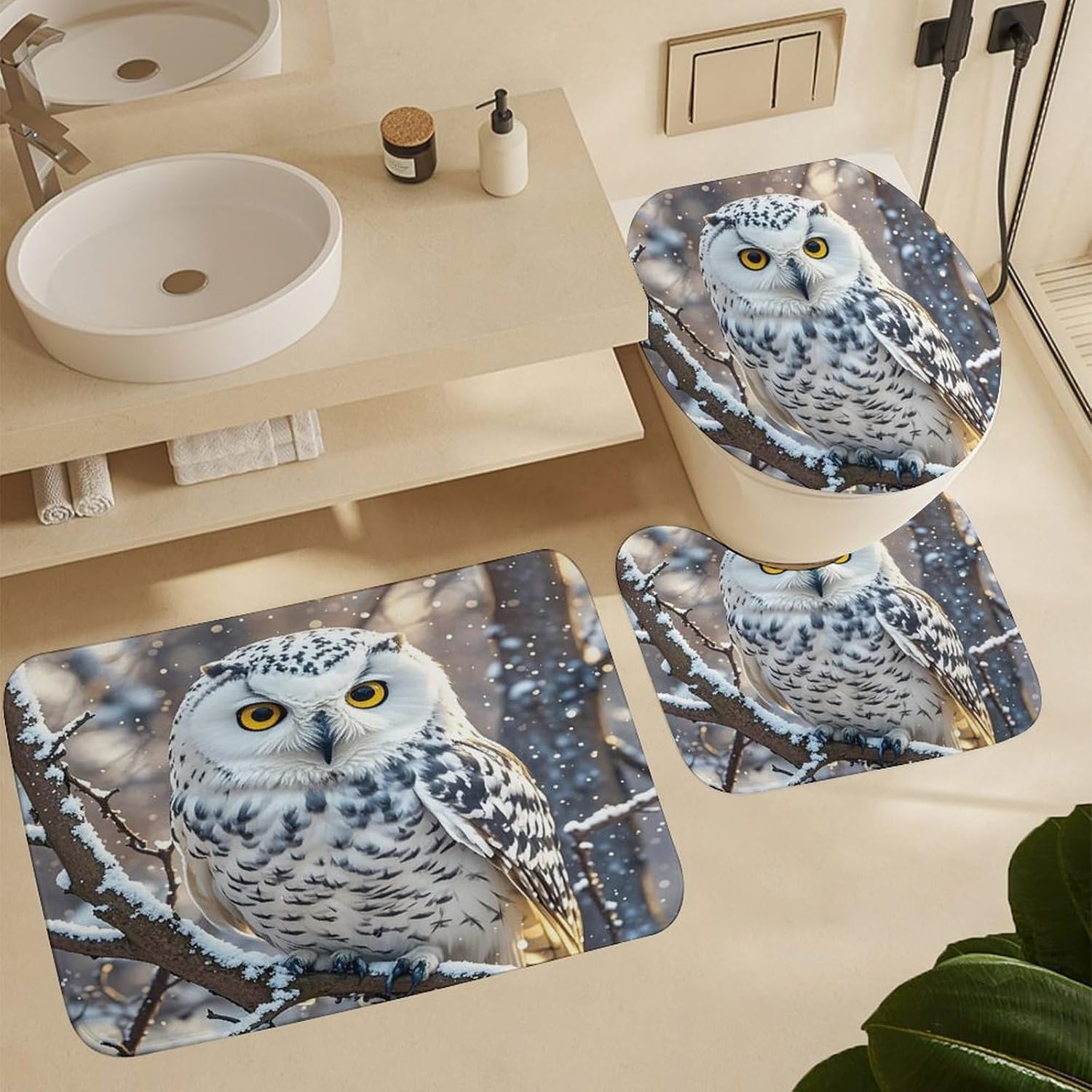 Winter White Owl Bathroom Rugs Sets 4 Piece | Shower curtain sets, non-slip absorbent soft flannel bath mat, u-shaped toilet mat & lid cover, bathroom decor accessories
