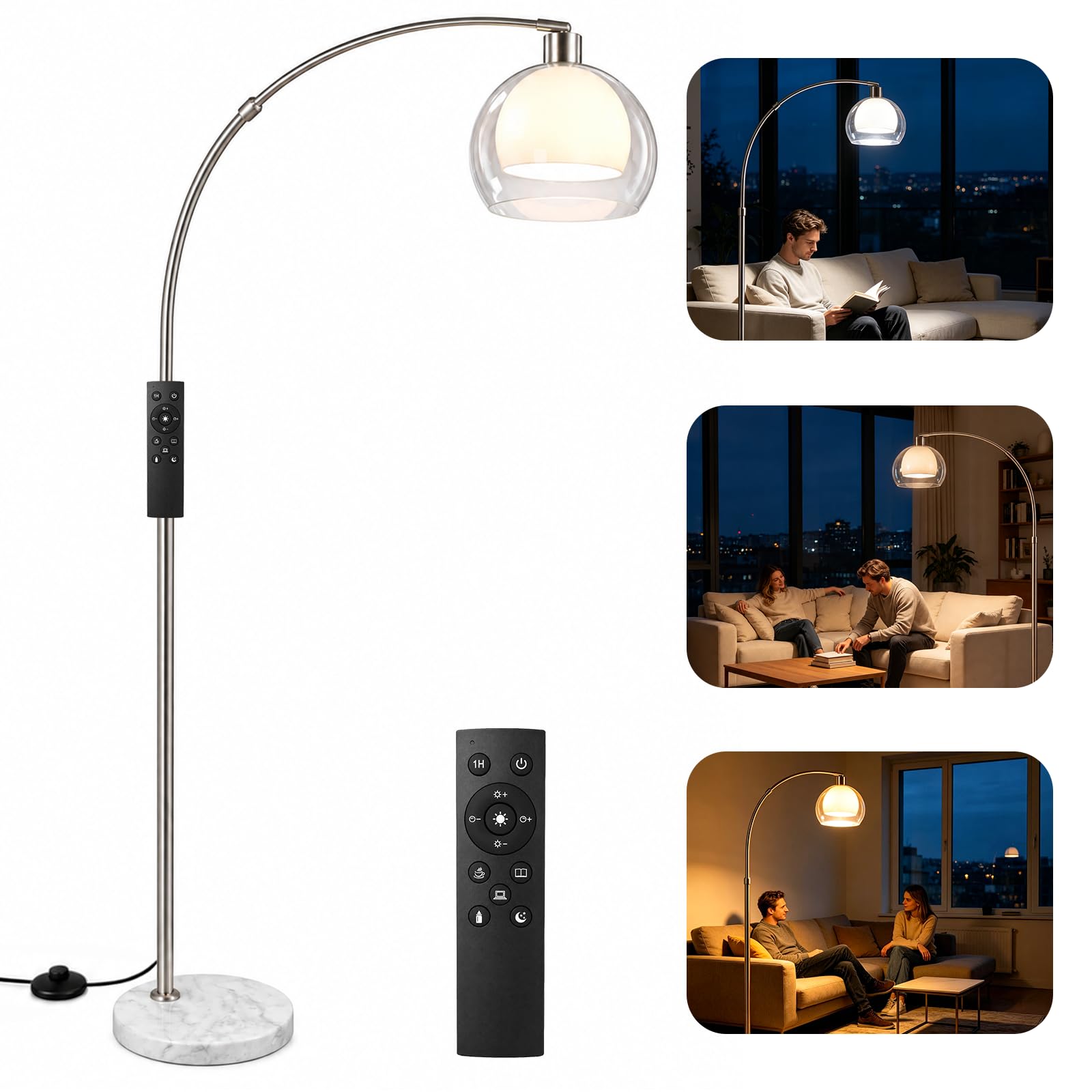 Vipnight Arc Floor Lamp, 53-90cm Reach, Dimmable, White, Remote, Bedroom