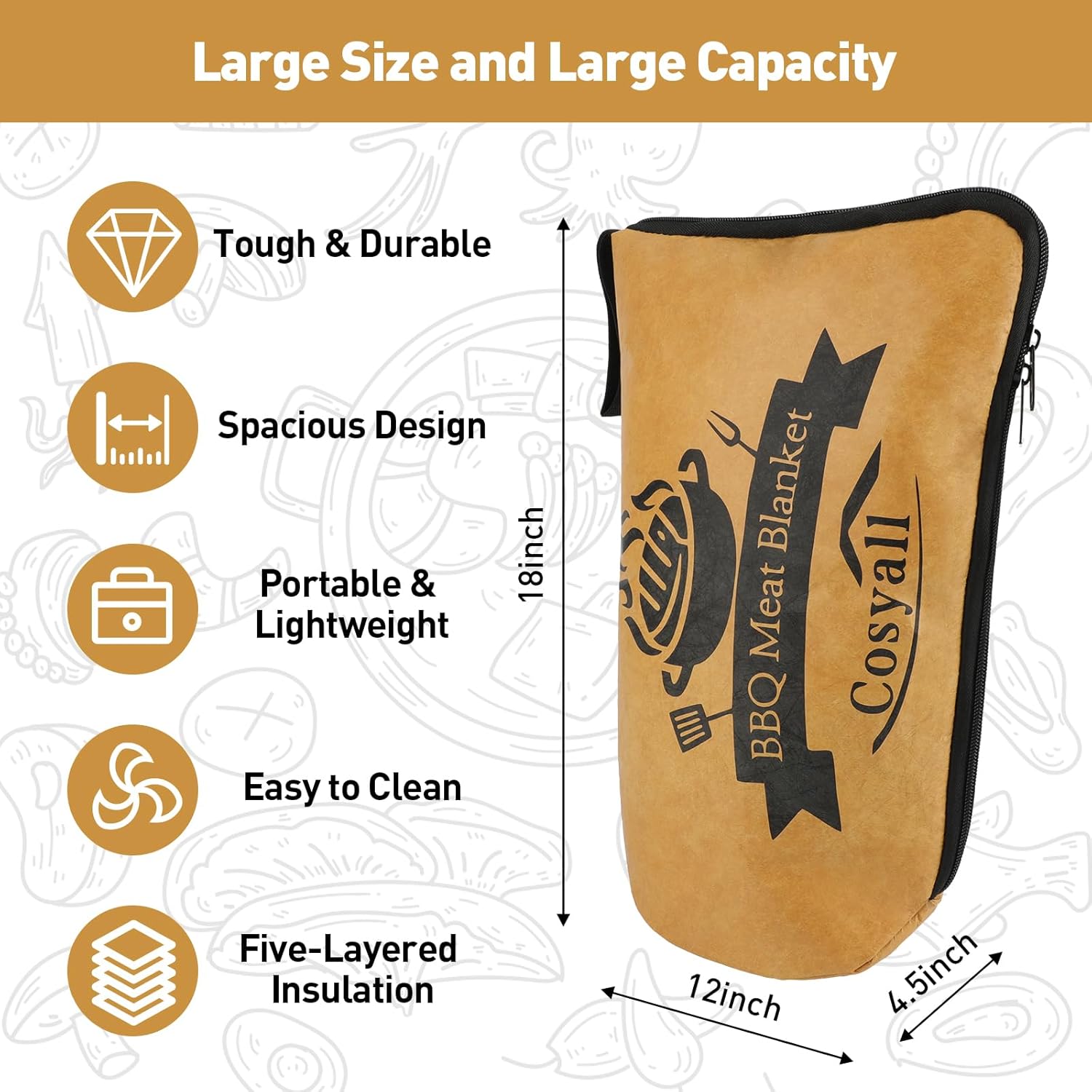 BBQ Blanket for Resting Meat,Smoker Meat Resting Blanket,Reusable Smoker Grilling Meat Insulated Resting Bag with Wide Mouth for Large Brisket/Beef/Pork Shoulders/Turkeys (BBQ Blanket 18in) - Image 6