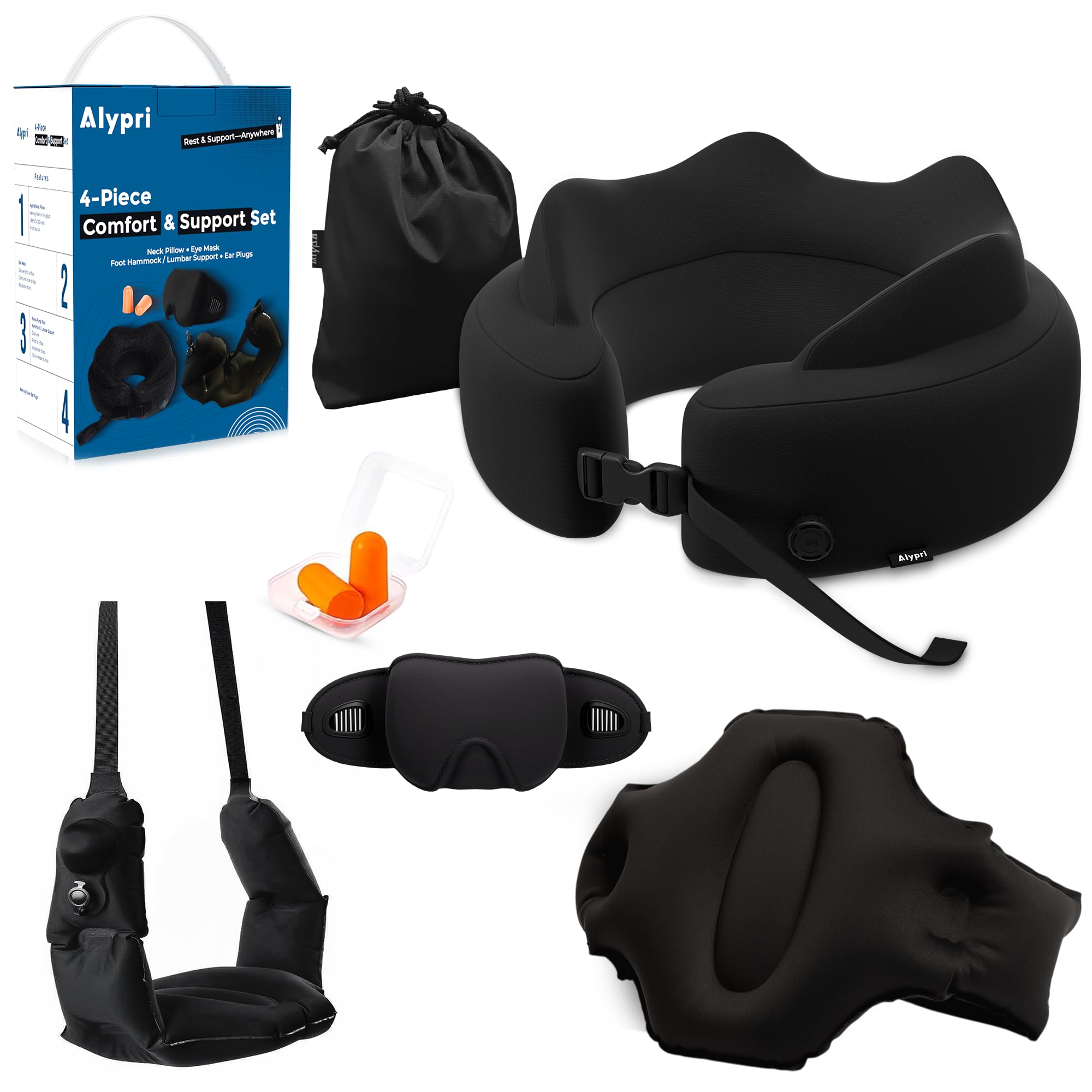 Alypri 4-in-1 Travel Set – Inflatable Neck Pillow, Convertible Lumbar Support & Foot Hammock, 3D Sleep Mask & Ear Plugs – Complete Comfort Kit for