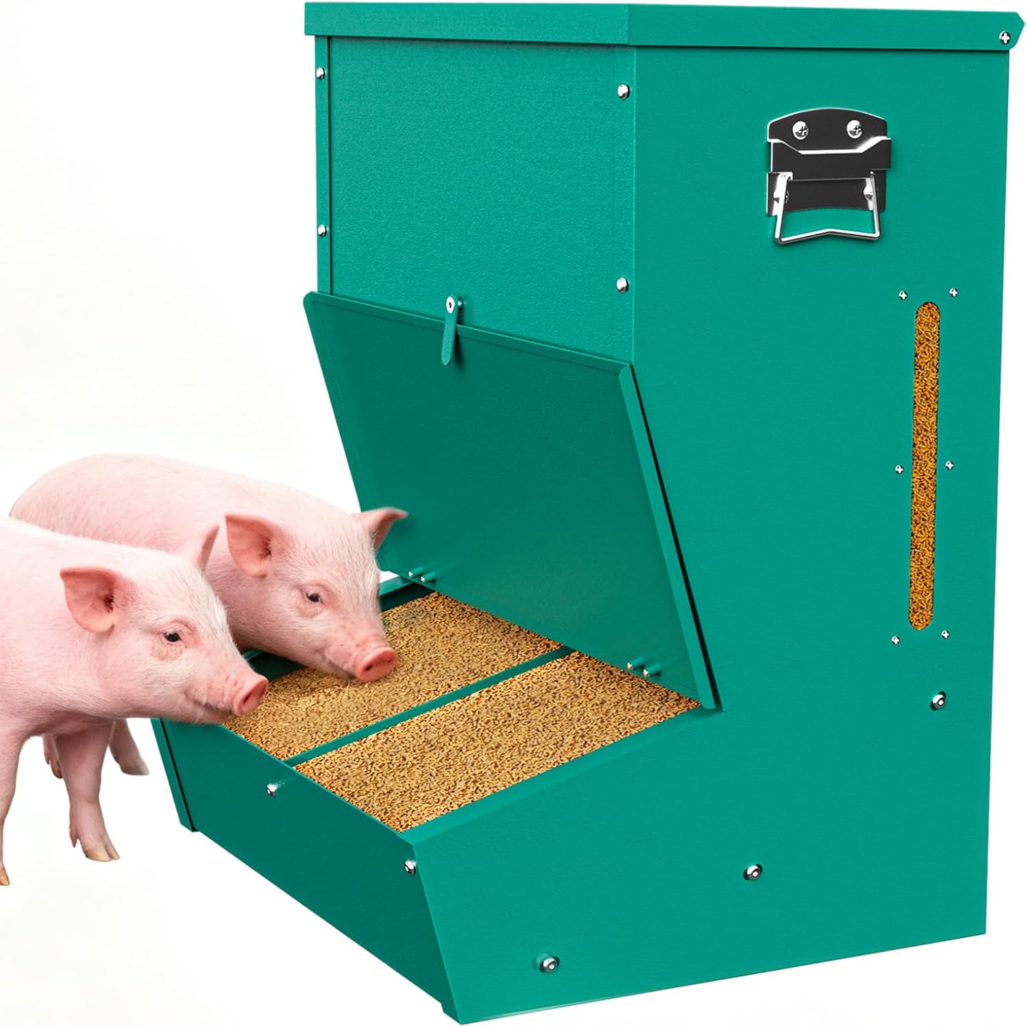 Hog Feeder for Pigs, 2 Door Heavy Duty Pig Feeder with Rainproof Lid, Self Feeder for Outdoor Use on Hog Farm, Homestead, or Pasture