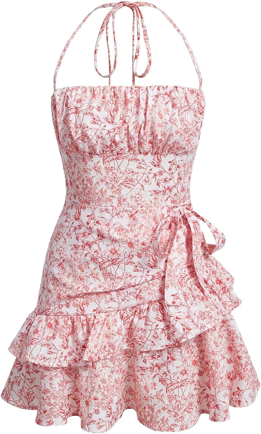 Floerns Women's Floral Halter Ruffle Tiered Cute Summer Mini Dress Milkmaid Vacation Sundress