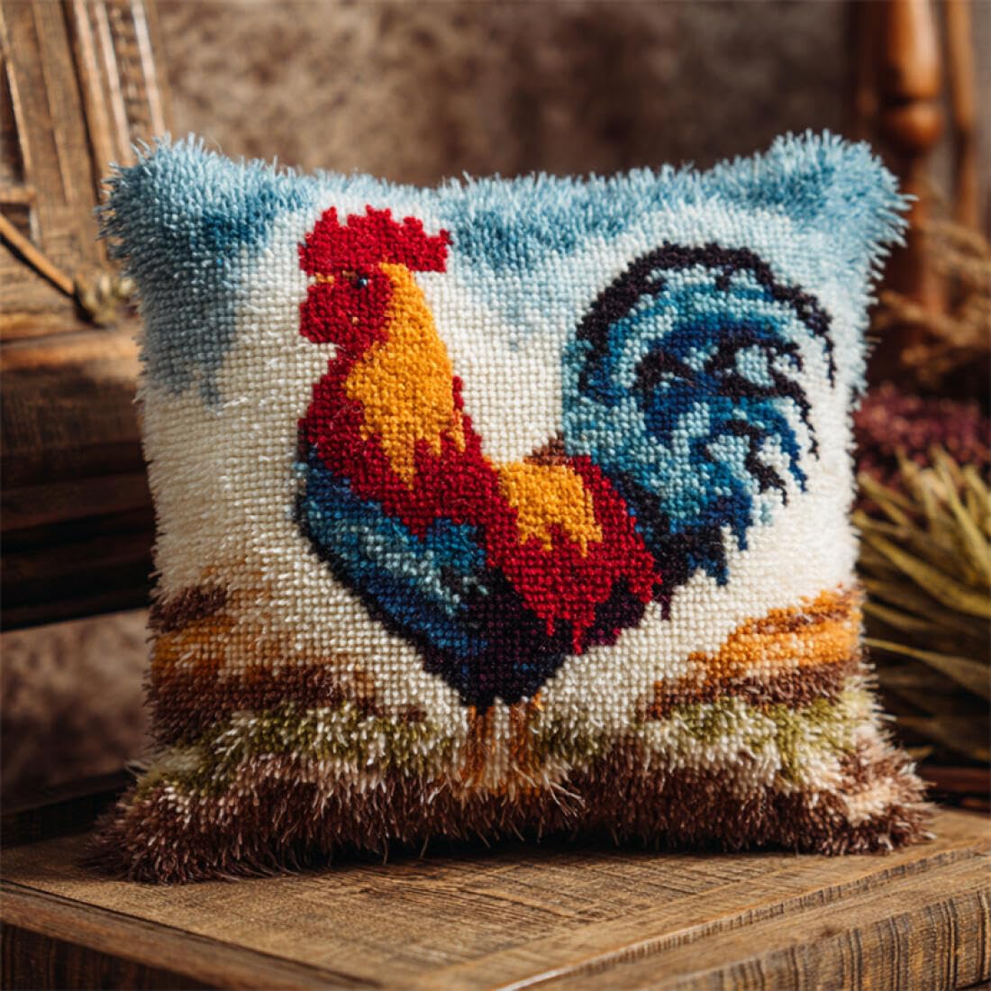 Kitquiver Animal DIY Latch Hook Kit Colorful Rooster DIY Latch Hook Kits Pillowcase Embroidery,Knitting,Gift for Adults/Beginners 17x17In