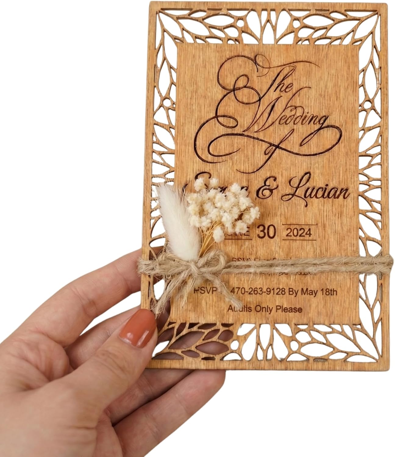 Personalized Wooden Wedding Invitations with Gypsophila Flowers, Hand Painted Wood Invitation Cards, 4"x6", Birch Tree, 5 Color Options