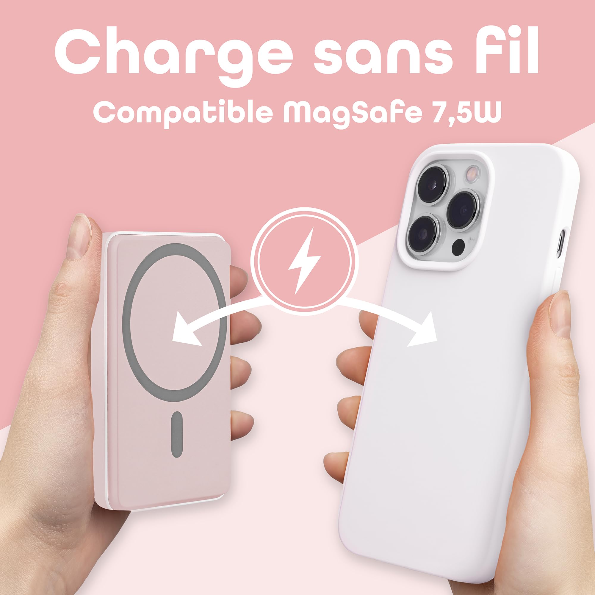 T'nB Pack Batterie Externe MagSafe 5000mAh Rose et Câble USB-C Magnétique 60W, Charge Sans Fil et Rapide USB-C, Compatible iPhone