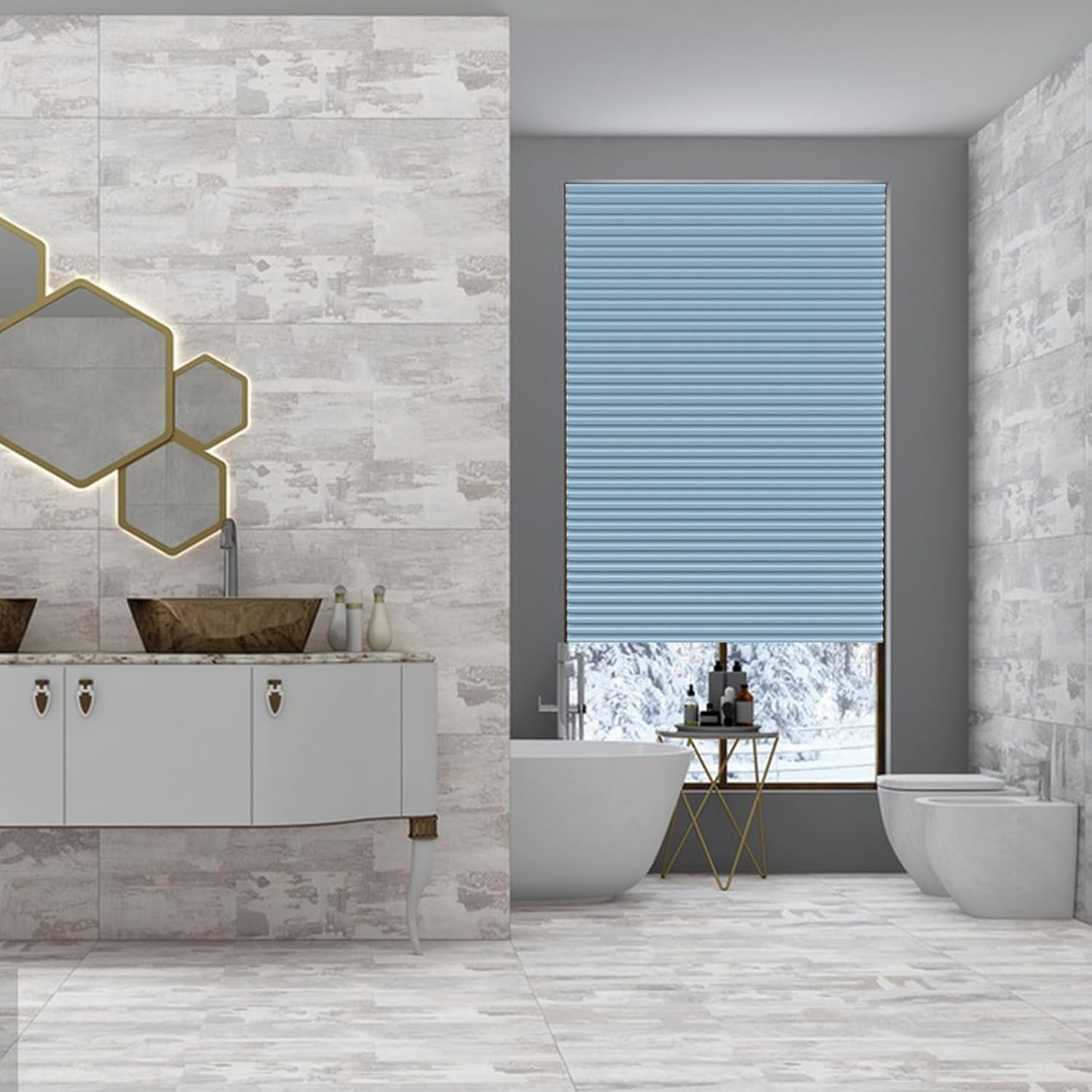 Cellular Cordless Paper Blinds for Window Temporary Honeycomb Window Shade No Drill Fabric Pleated Window Cover Easy Install Light Filtering Adhesive Blinds for Home Kitchen (1, Blue, 35" W x 71" H)