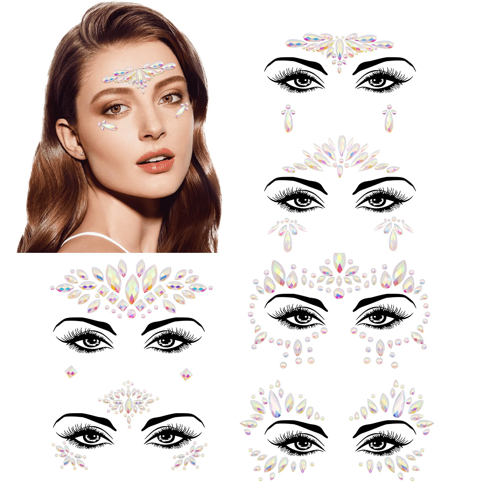 ZYNERYGlowing Face Gems Set, 6 Pcs Self-Adhesive Face Gems Set, Holiday Face Gems Stickers Carnival Party Temporary Tattoo Crystal Face Stickers