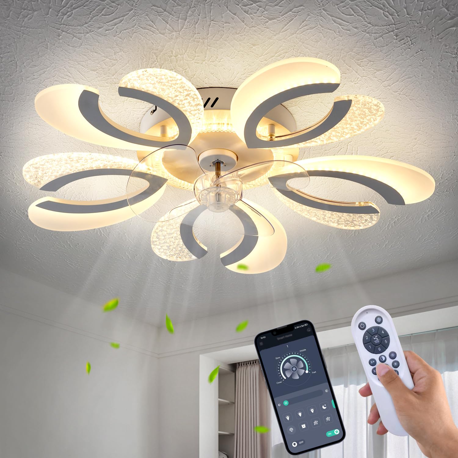 haodengshi 24" White Heart Shaped Ceiling Fan with Light, Geometric Ceiling Fan with Lights, 6 Speeds 3 Light Color Flush Mount Low Profile Ceiling Fan for Bedroom Kitchen