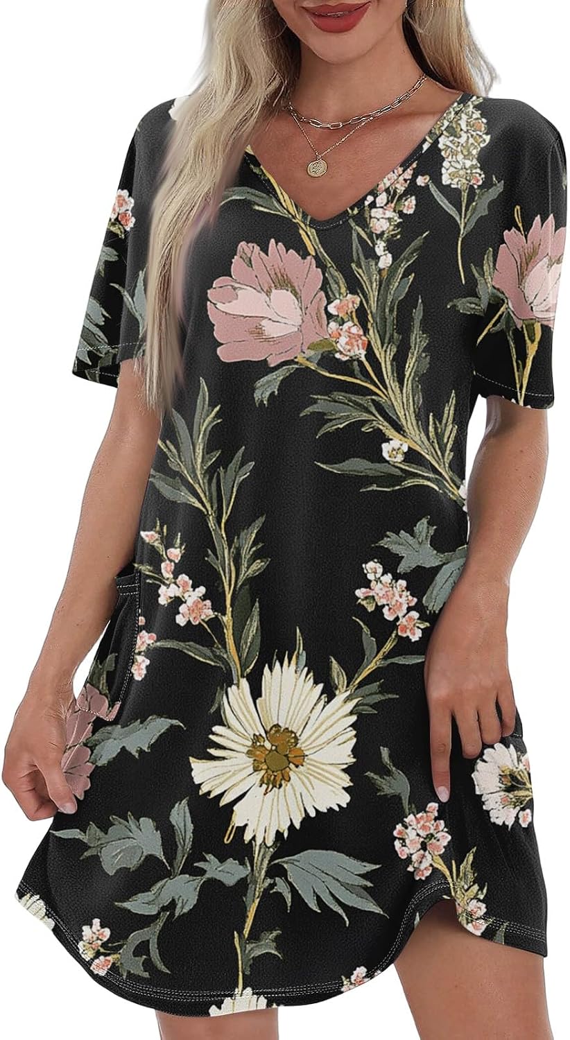 Woman Summer Dress Crew Neck Short Sleeve Printed Graphic Tshirt Tunic Sexy Mini Dress with Pockets, S-3XL