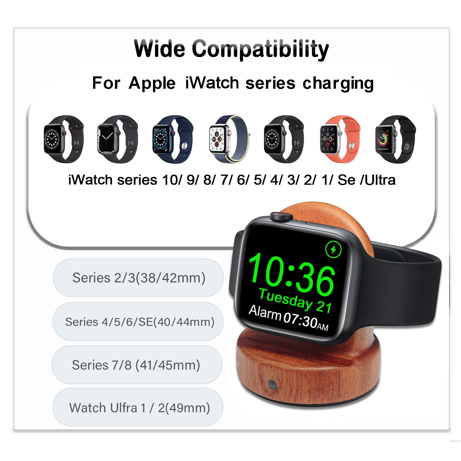 Wood Watch Charger Stand for Apple Watch,iWatch Charger Stand Fast Charging Dock,Compatible with Apple Watch Series 9 8 7 6 5 4 3 2 1 Se Se2 Ultra Ultra 2/(49/45/44/42/41/38mm),Gift for Men Women