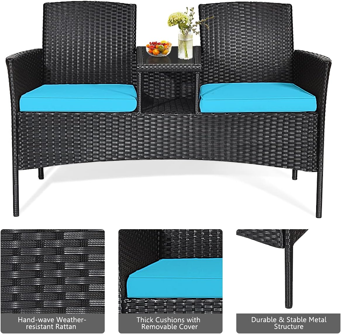 Outdoor Love Seat Set Patio Conversation Set with Cushion & Built-in Coffee Table, Outdoor Rattan Sofa Furniture Set for Garden, Lawn, Backyard (Turquoise)
