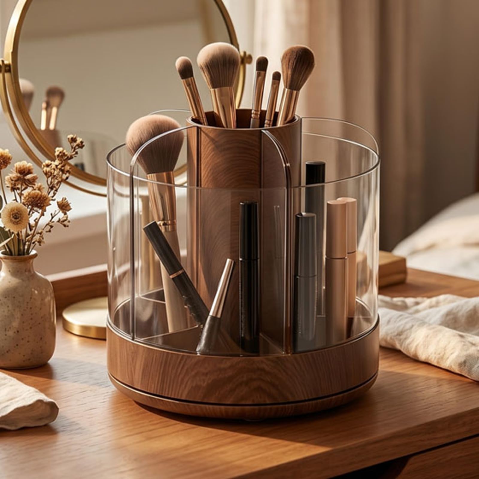 Wakects Porta Pennelli per Trucco, Organizer per Cosmetici con Motivo Venatura del Legno Girevole a 360 Gradi con 6 Scomparti per Slot, Scatola Portaoggetti da Scrivania in Plastica 13,7 X 14 Cm per