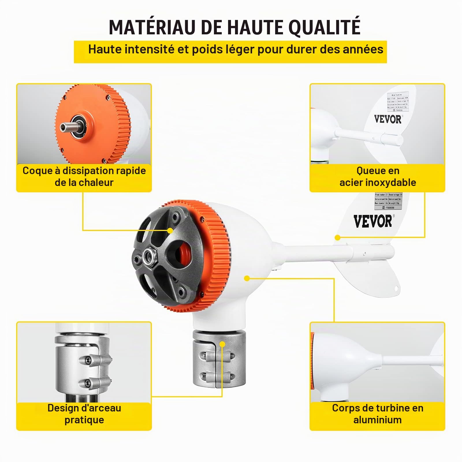VEVOR Turbine Éolienne, 5 Lames Générateur Éolienne Solaire, Générateur Électrique Éolienne, Résistance Excellente à La Chaleur, pour une utilisation à domicile/une utilisation en bateau/marine