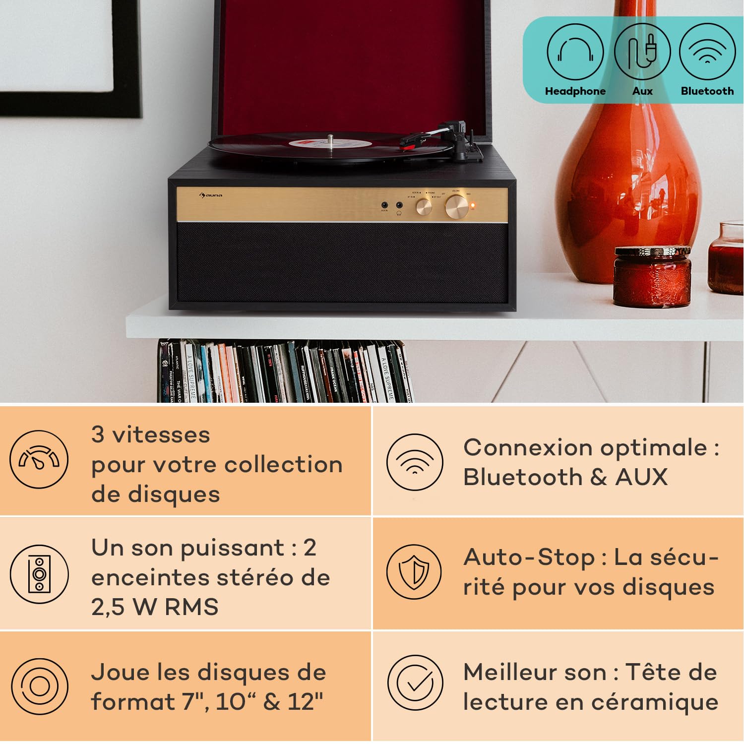 Auna Tourne-disque vinyle pour vinyles avec haut-parleurs, lecteurs de disques audio domestiques, émetteur et récepteur Bluetooth rétro vintage, systèmes stéréo