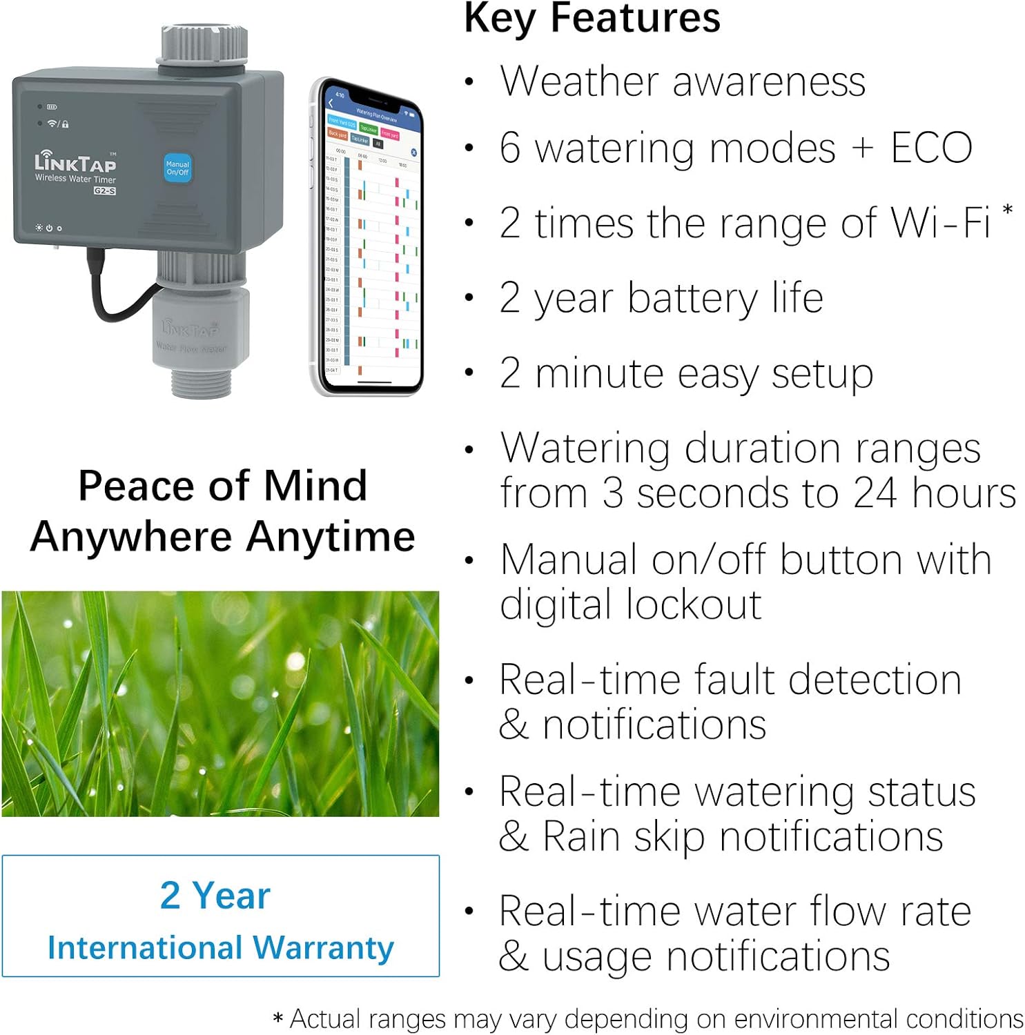 LinkTap G2S Wireless Water Timer & Gateway & Flow Meter - Smart Sprinkler Timer for Garden, Greater Range Than WiFi Hose Timer, Real-Time Fault Detection & Notification, Automatic Rain Skip, IP66 : Patio, Lawn & Garden