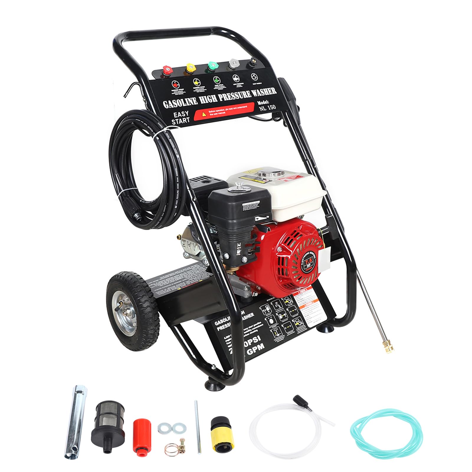 7.5HP Hidrolimpiadora Gasolina, 3400RPM Iimpiador de Alta Presión Profesional con 5 Boquillas, Motor 4 Tiempos Apto para Coches, Vallas, Casas y Terrazas