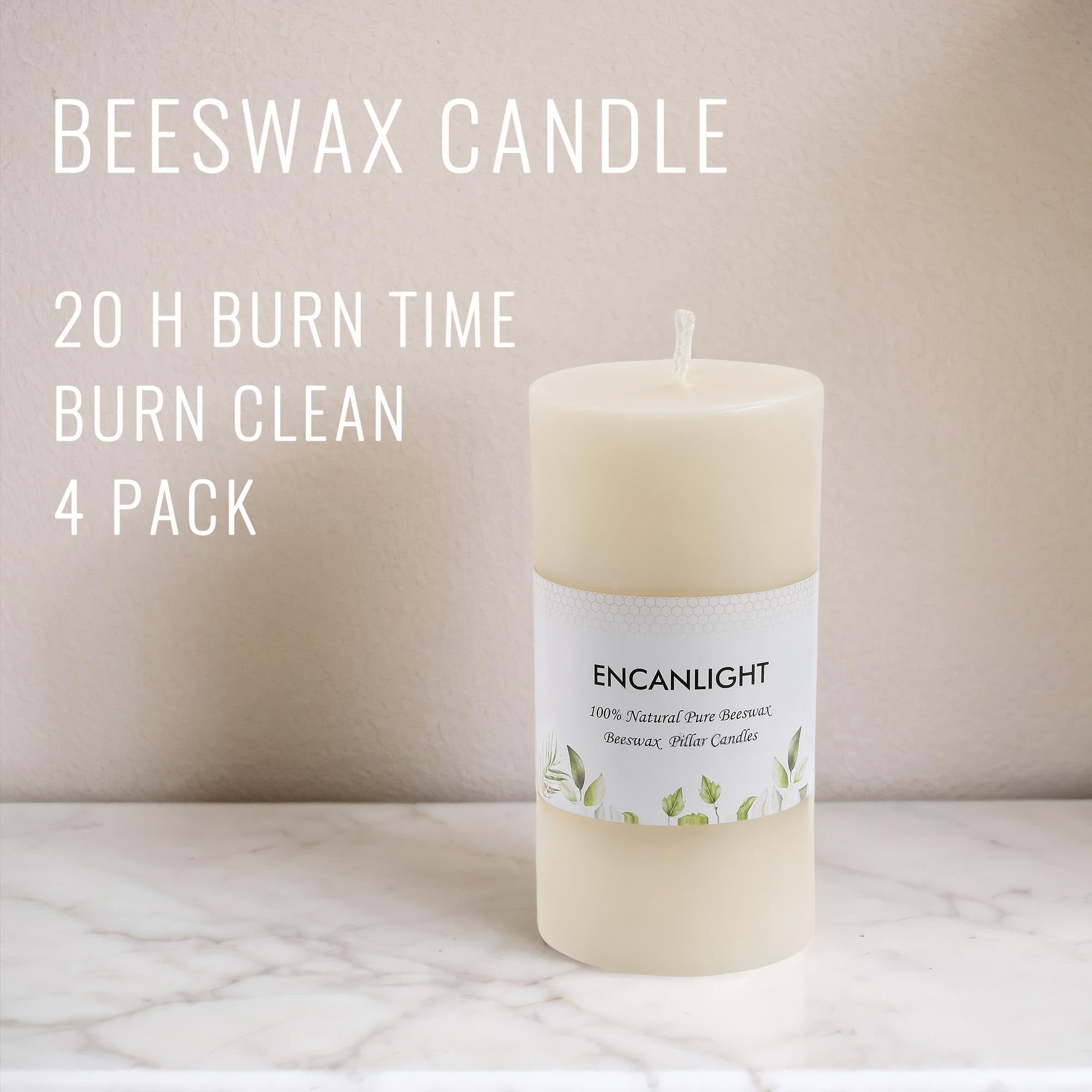 Velas de cera de abeja, velas de cera de abeja natural de 2 x 4 pulgadas, paquete de 4, velas grandes sin perfume, sin humo y sin goteo, 35-40 horas de tiempo de combustión para decoración del hogar