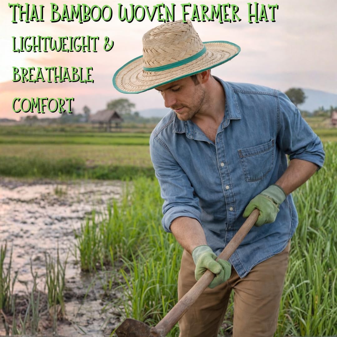 (10-Pack) Thai Bamboo Woven Farmer Hat – Handmade Unisex Straw Sun & Rain Hat with Chin Strap, Wide Brim Field Hat for Gardening, Farming, Outdoor Work Beige