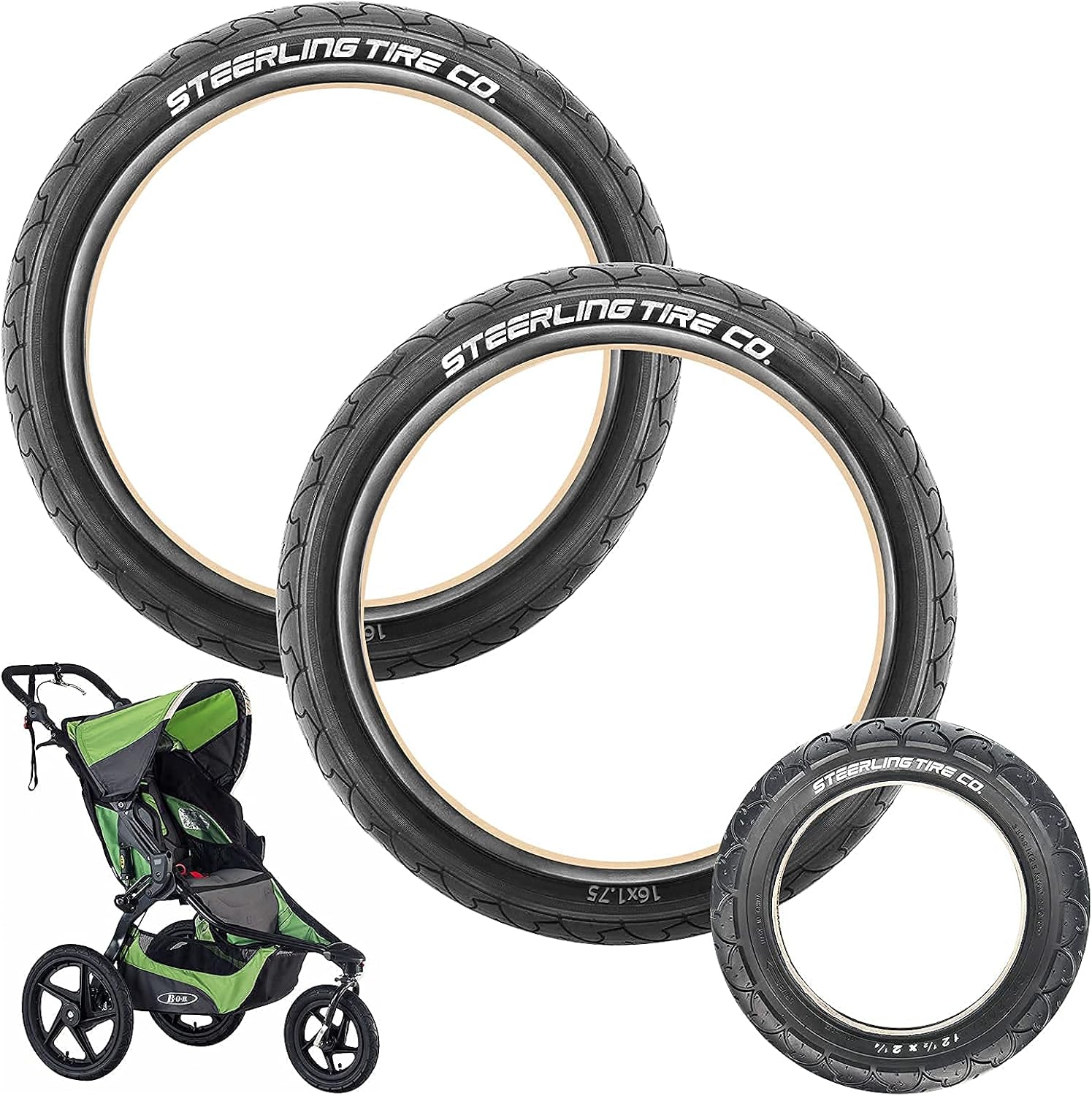 Steerling Tire Co Two 16" x 1.75 R and One 12.5" x 2.25 F Wheel Replacement Tires for BOB Revolution SE/Pro/Flex Strollers & Stroller Strides - The Perfect BOB Stroller Tire Replacement Set - 3 Pack